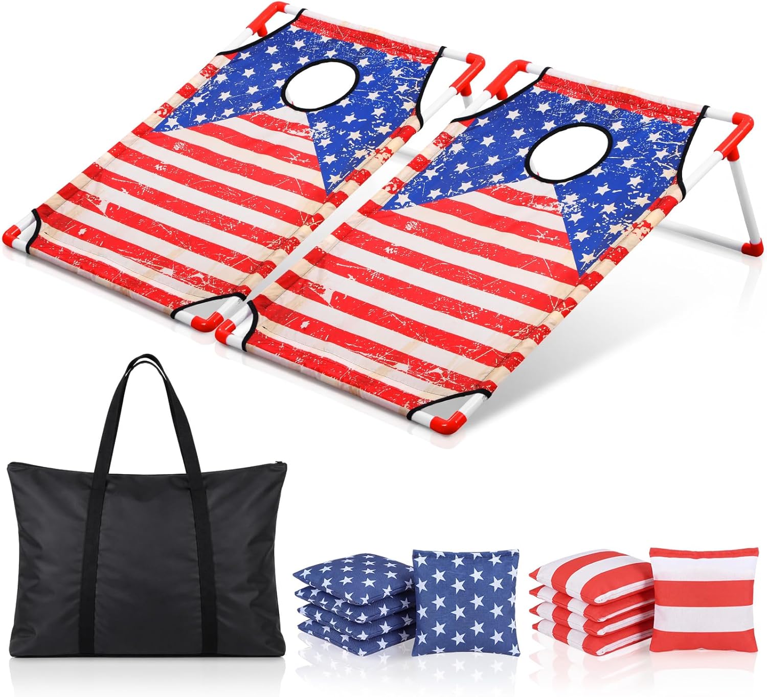 Portable Framed Cornhole Game for Adults 3 x 2 ft Waterproof Throwing Toss Game Set 2 Collapsible Cornhole Boards 8 Bean Bags 1 Carrying Case American USA Flag for Outdoor Indoor Yard Party