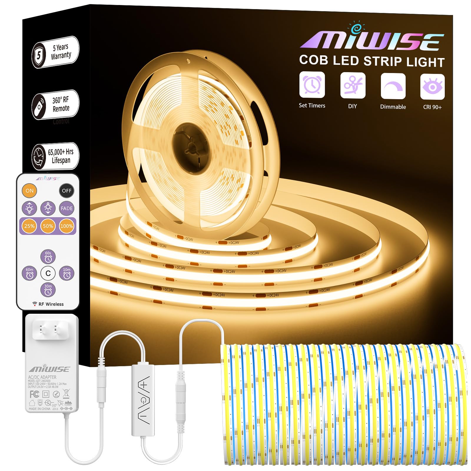 MIWISE COB LED Strip,2700K Warm White 20ft/6.1m,Dimmable Super Bright 24V LED Strip Light,CRI 90+ Flexible Tape Light with RF Remote Timer Function,for Shelf/Cabinet/Bedroom/TV DIY Lighting Project