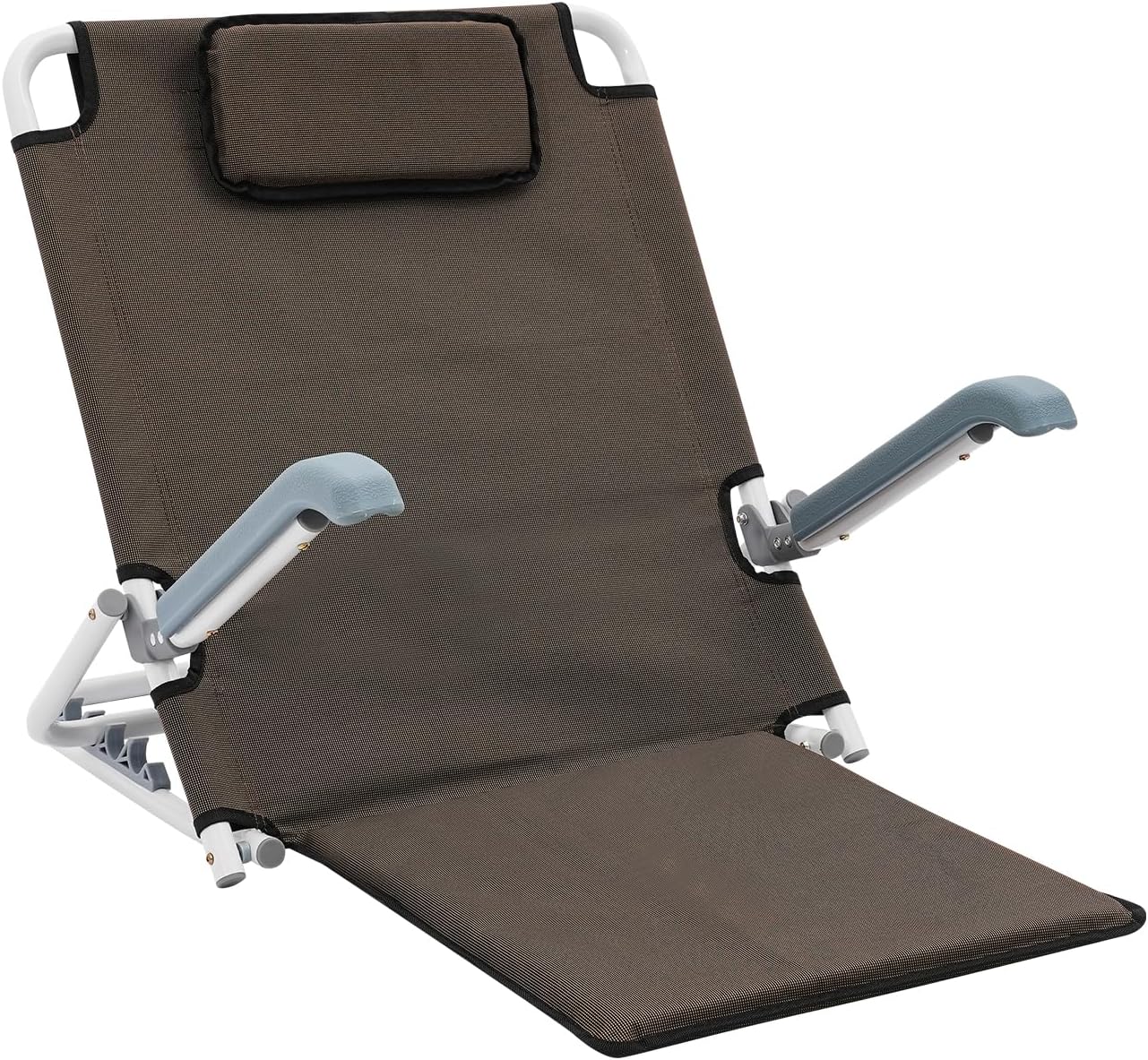 Adjustable Lifting Bed Backrest Support Portable Folding Sit Up Back Rest with Armrest & Pillow, 5 Positions Backrest Chair for Sleeping, Reading, Gaming (Brown)