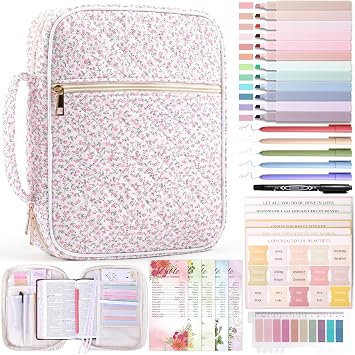 XKDOUS Bible Cover Case for Women Bible Bag w/Handle, Tabs, Study Supplies Journaling Kit Book Carrying Case Christian Gifts for Mom Lady Friends Pink Flowers