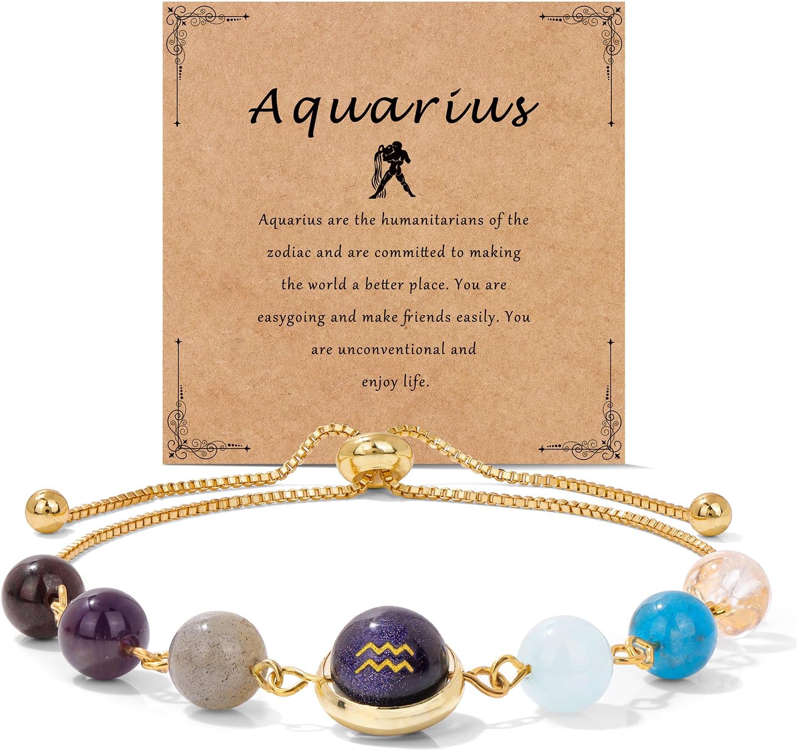 Raicegs Zodiac Bracelets for Women 18K Gold Plated Natural Stone Zodiac Sign Bracelets Gemstone Beads Healing Crystal Bracelets Constellation Horoscope Jewelry Gifts