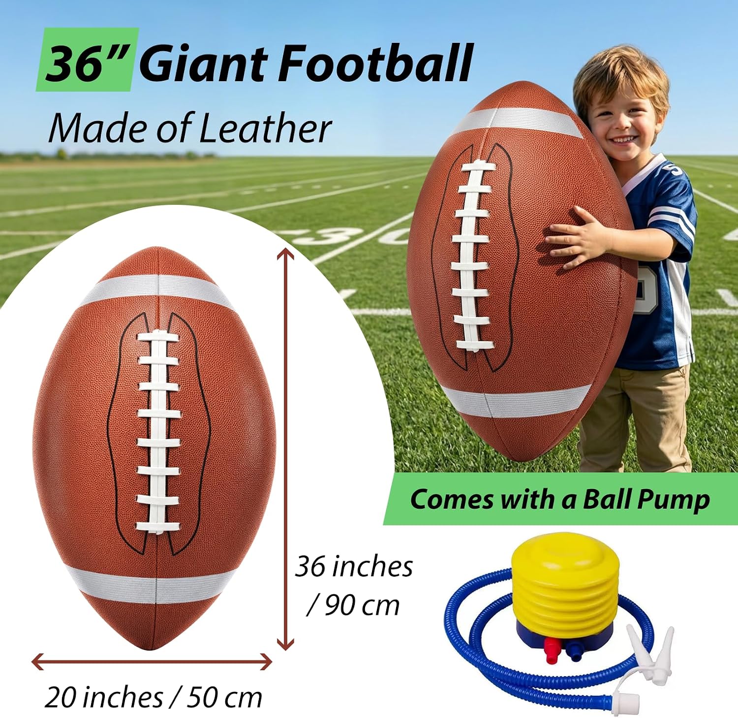 36” Giant Football Extra Large Footballs for Party Decorations Gameday Outdoor Games Store Mall Displays Birthday Supplies Decor, Inflatable Jumbo Football Prop for Events and Parties, Leather-Made
