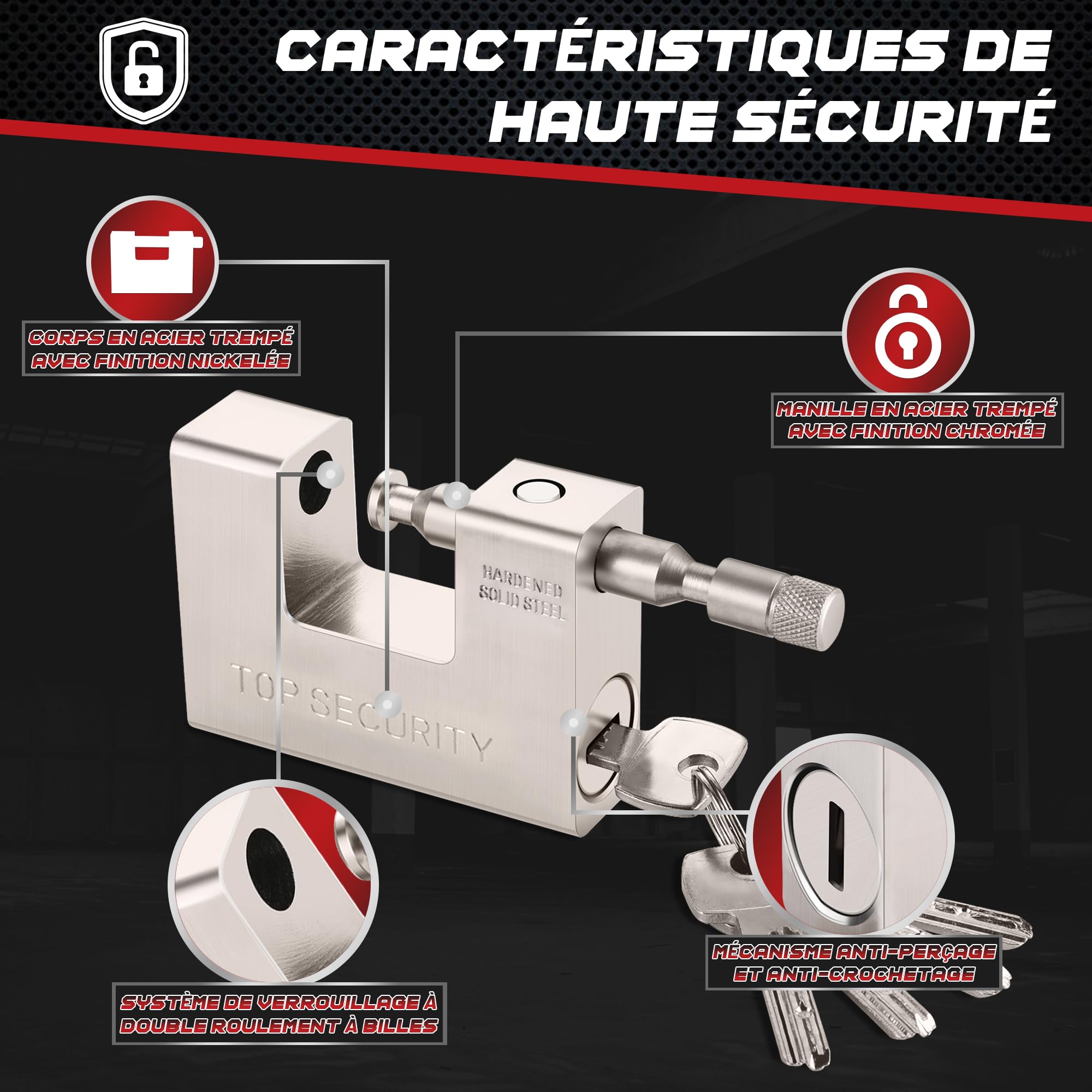 Cadenas robuste de 94 mm avec 5 clés, Cadenas Clé avec anse solide en acier trempé de 12,7 mm d'épaisseur, Cadenas à Clé de sécurité antivol résistant à la corrosion pour conteneurs d'expédition