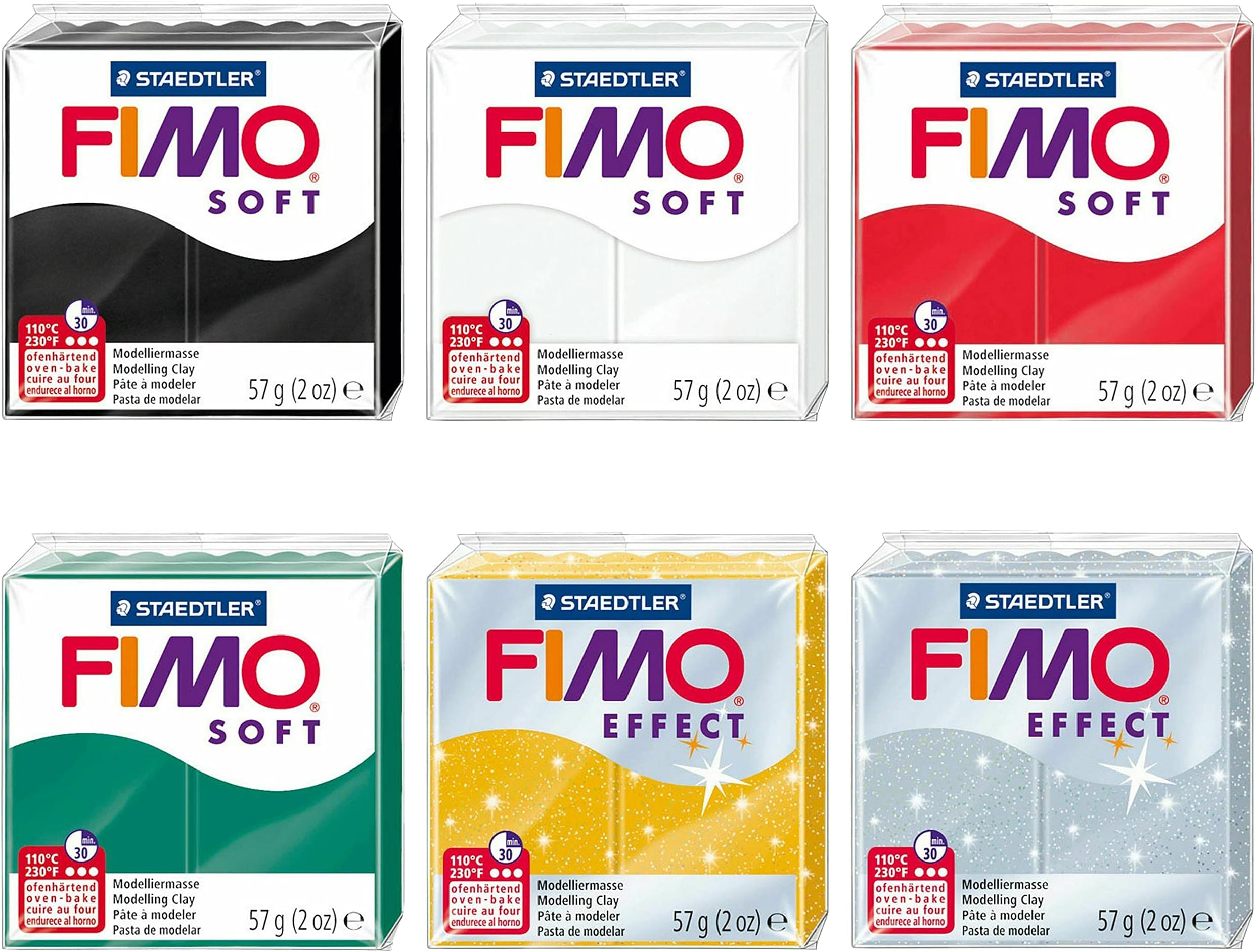 Fimo Soft and Effect Polymer Oven Modelling Clay - 57g - Set of 6 Colours - Christmas Tones