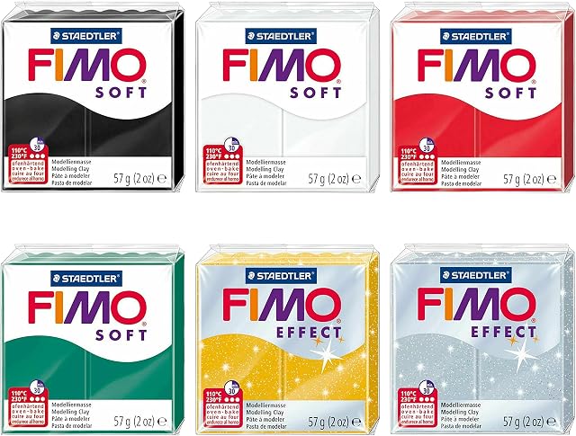 FIMO Soft and Effect Polymer Oven Modelling Clay - 57g - Set of 6 Colours - Christmas Tones