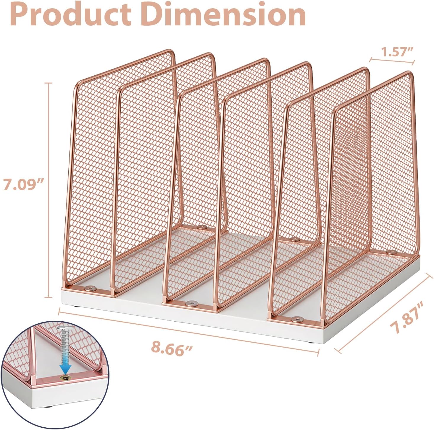 LEKETREE Rose Gold Desk File Organizer, 5-Section Upright File Sorter, Vertical File Folder Holder, Mesh Metal Wood Office Desktop Organization for Document, Magazine, Books and more (Rose Gold)