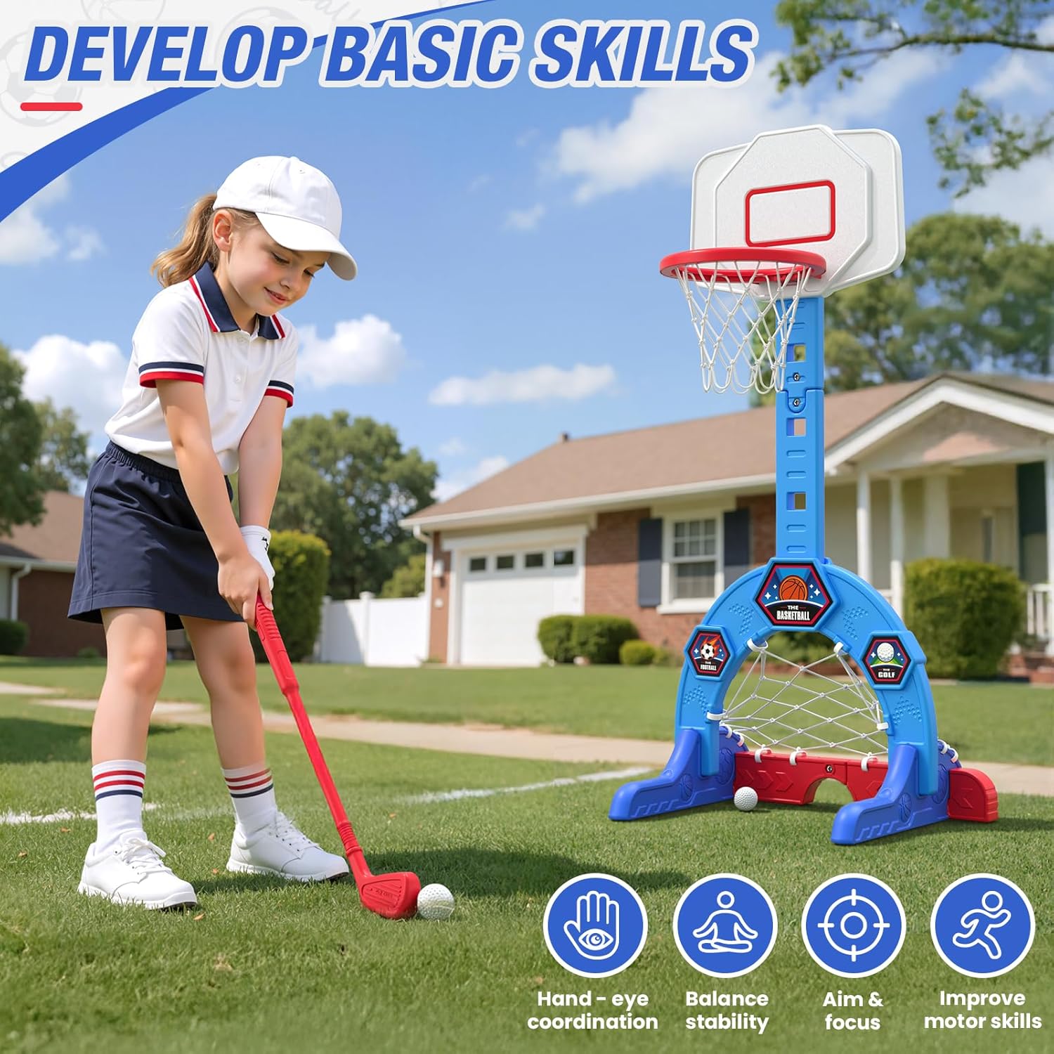 Toddler Basketball Hoop, 3-in-1 Sports Activity Center with Soccer Goal, Golf Game, 5 Height Adjustable Kids Basketball Hoop, Indoor Outdoor Playset Toys Gifts for Boys Girls 3-5, Blue