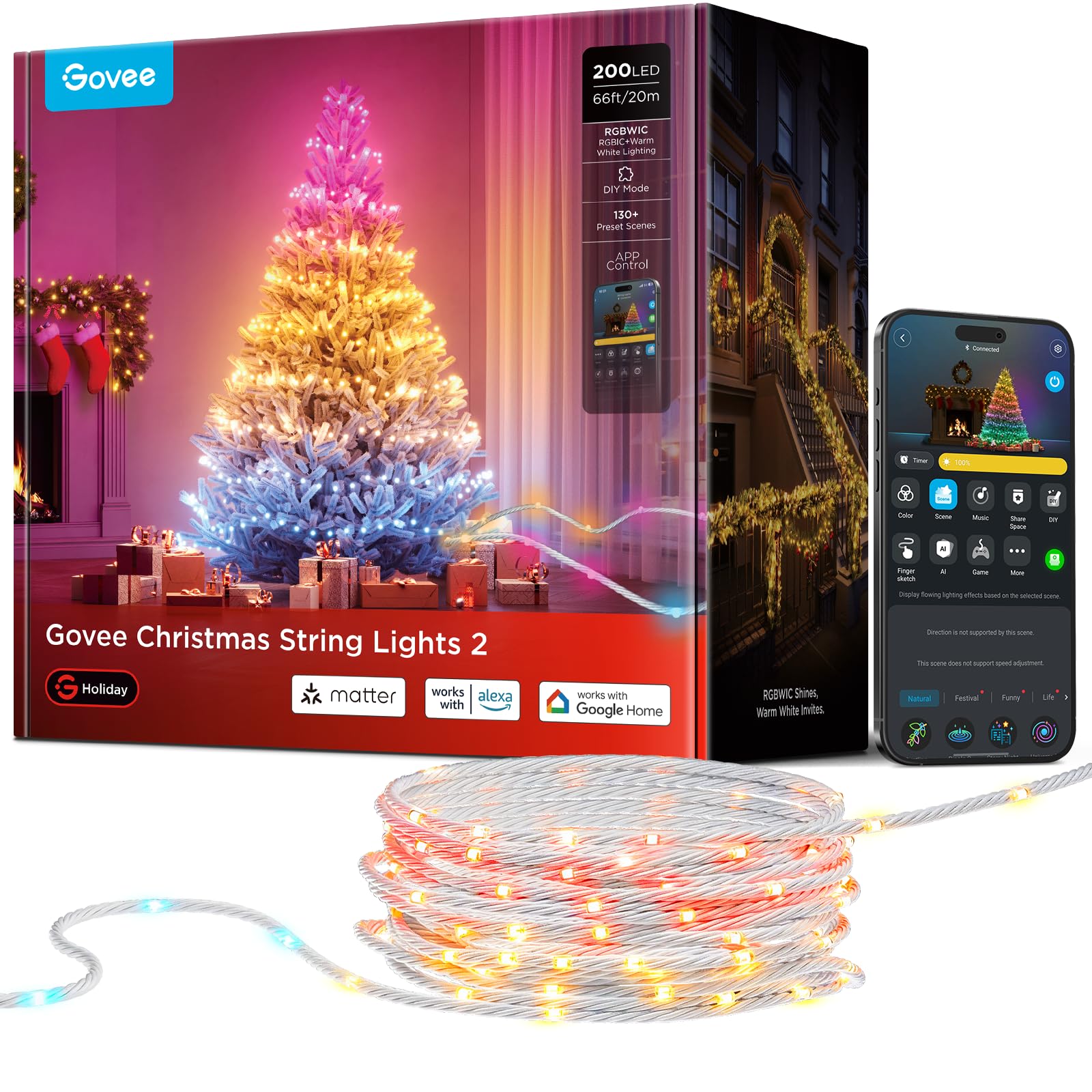 Govee RGBWIC Weihnachtsbeleuchtung 20m, Weihnachtslichterkette Außen & Innen mit 200 LEDs für Weihnachtsbaum, 130+ Szenenmodi, Shape Mapping, App Steuerung, Kompatibel mit Matter, Transparentes Kabel