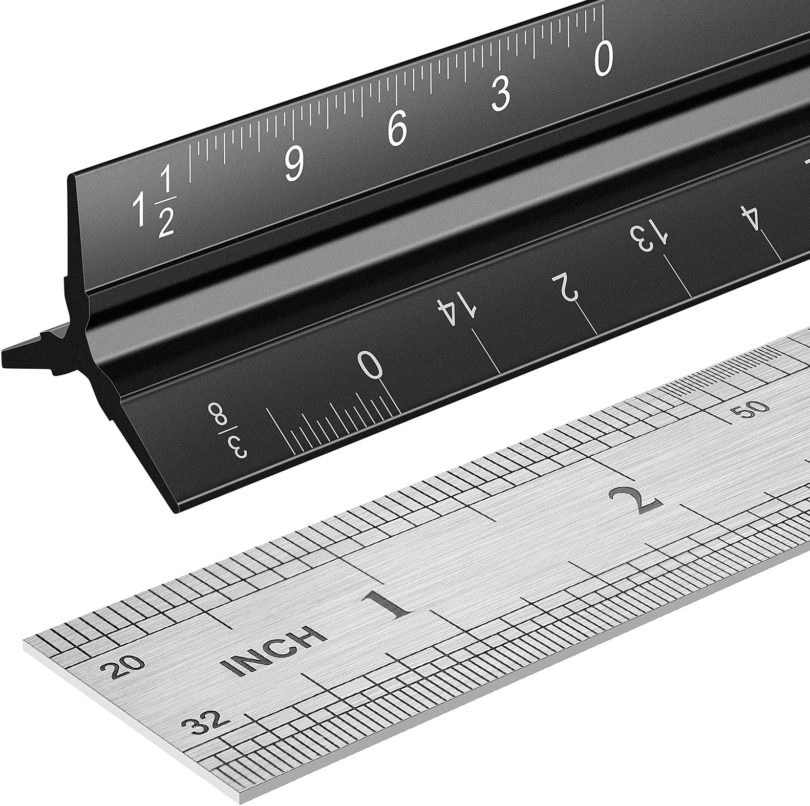 Architectural Scale Ruler Set, 2 Pack 12 Inch Aluminum Architect Ruler with Standard Metal Ruler, Imperial Architect Triangular Ruler with Etching for Architects, Engineers, Students and Draftsman