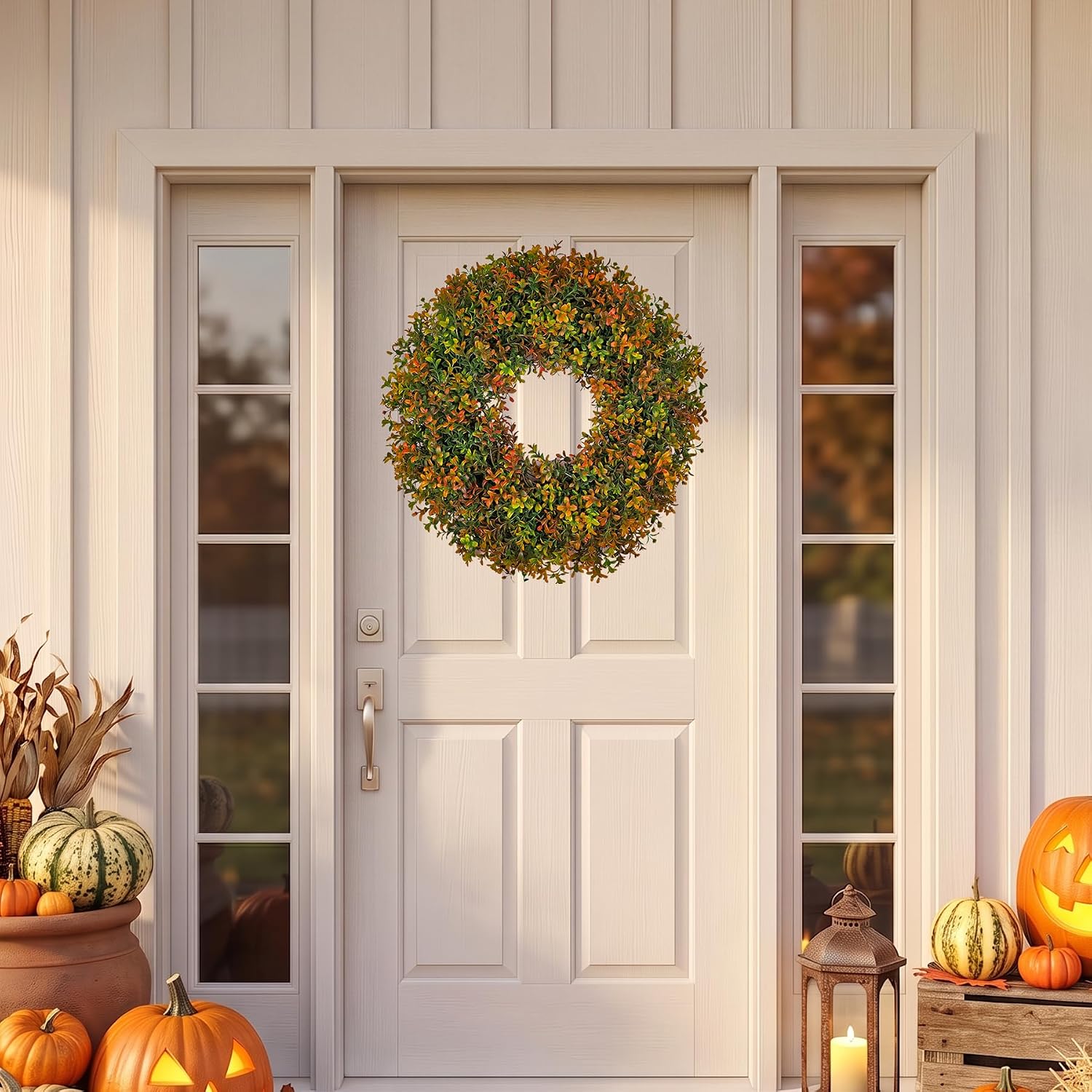Fall Wreaths for Front Door, Large 24in Artificial Fall Wreath for Home Decor Outside, Boxwood Autumn Door Wreath for Window Wall Porch, Thanksgiving Decorations, Farmhouse Outdoor Seasonal Decoration