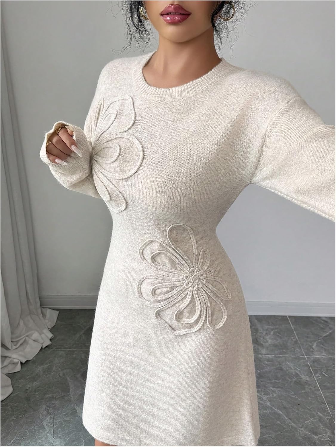 Women's 3D Floral Ribbed Knit Sweater Dress Elegant Long Sleeve Wedding Guest Dresses - Image 5