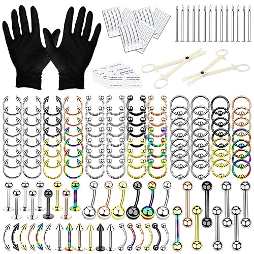 BodyJ4You Kit de 200 piercings para el cuerpo nariz tabique oreja cartílago labio ombligo tragus cejas acero quirúrgico 14G 16G BCR CBR aro de barra