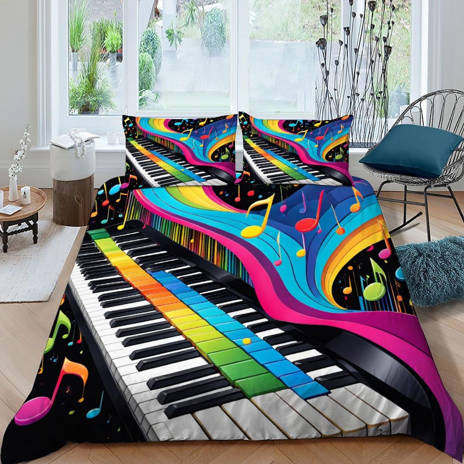 Housse de couette music notes king size parure de lit piano 220x240 linge de lit microfibre