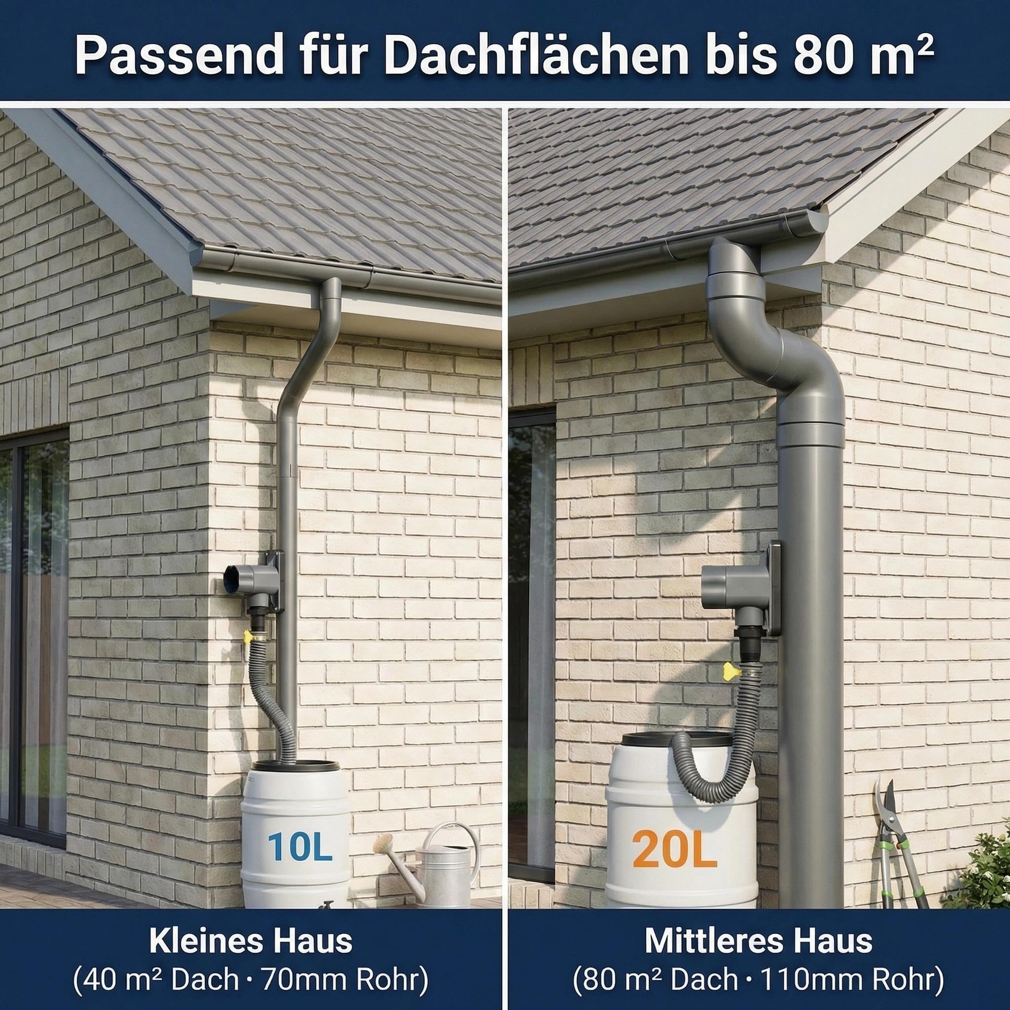 Regensammler für Fallrohre 70-110mm, Regenwassersammler mit Montagezubehör und 100cm Schlauch, Regentonnen Anschluss Fallrohr, Fallrohr Regenwassersammler Set für Dachflächen bis 80 m²