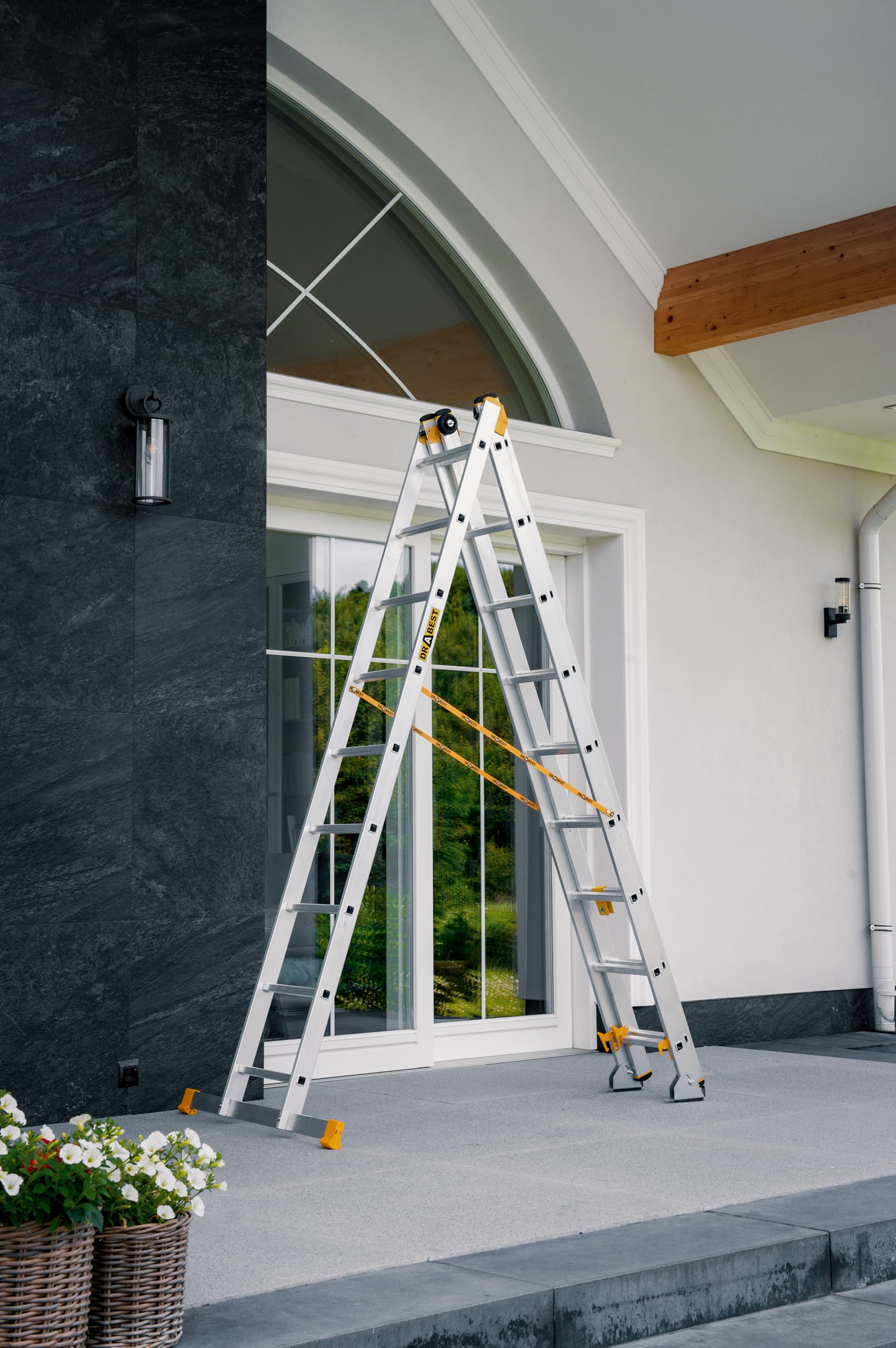 DRABEST Escalera profesional aluminio 3x9 peldaños antideslizantes 5,3 m 150 kg 3 tramos tijera regulable