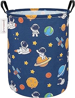 QUEENLALA Large Storage Basket,Laundry Hamper/Bathroom/Home Decor/Collapsible Round Storage Bin,Boys and Girls Hamper/Boxes/Clothing（Round-Yellow Star Astronaut）