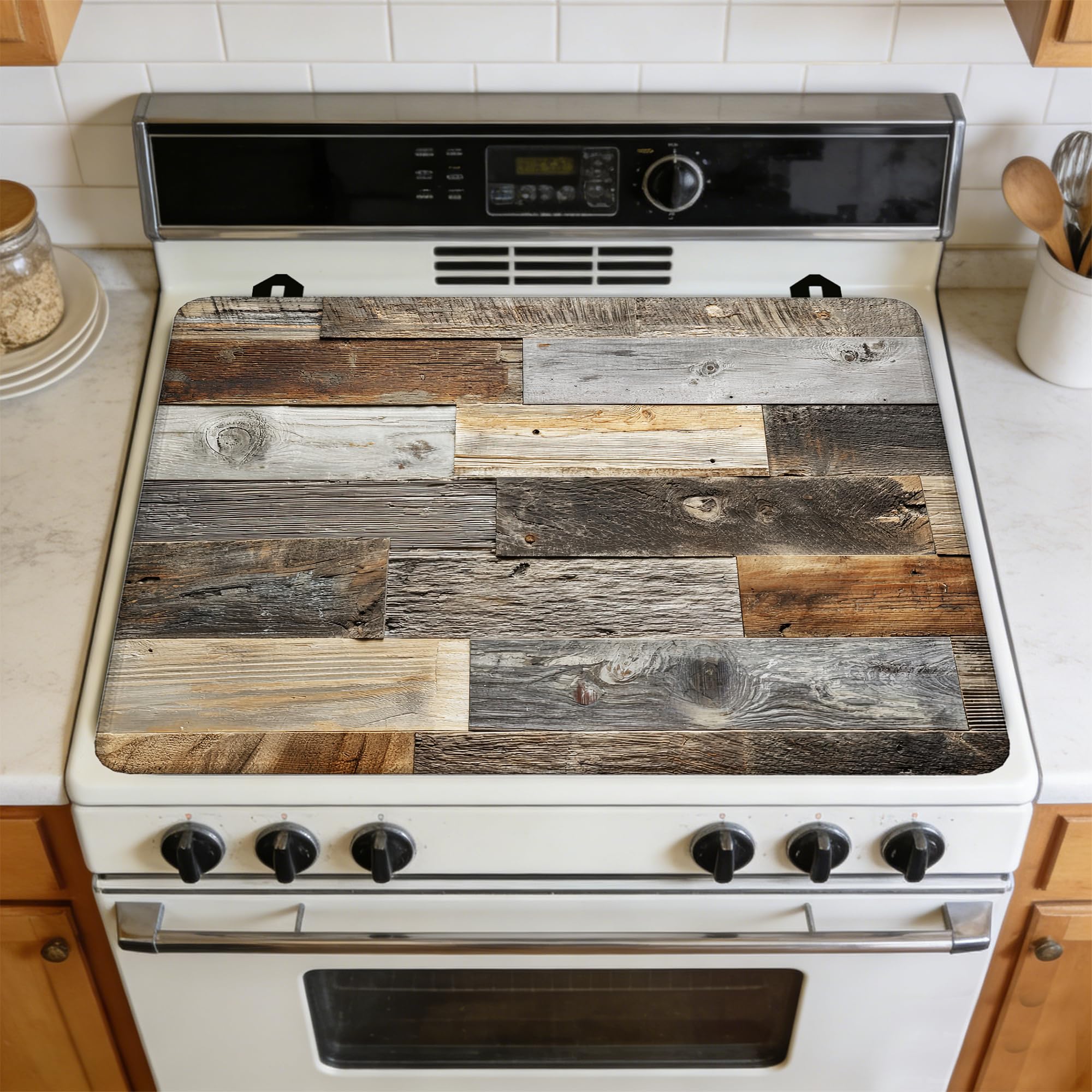 Multi-Design Silicone Stove Cover for Glass/Electric Stoves - 3-in-1 Heat-Resistant Protector Mat, Non-Slip Drying Rack (Rustic Wood Grain Pattern, 28" L x 20" W)