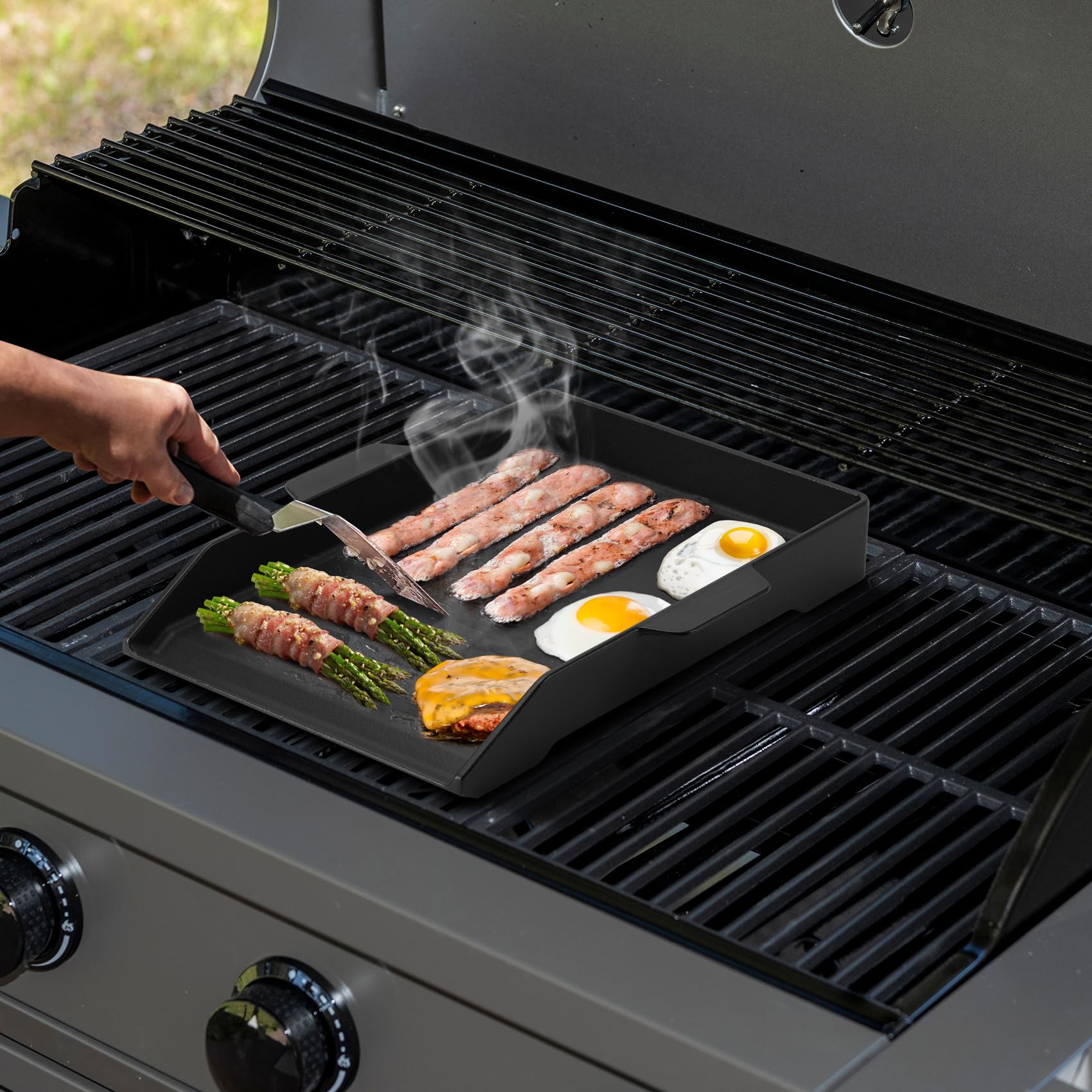 Onlyfire BBQ Griddle Plancha de Hierro Fundido Esmaltado, Placa de Parrilla con Paredes Laterales Extra Altas para Cocinas de Gas, Parrillas de Gas y Carbón, 46 x 31 cm x 6.5 CM