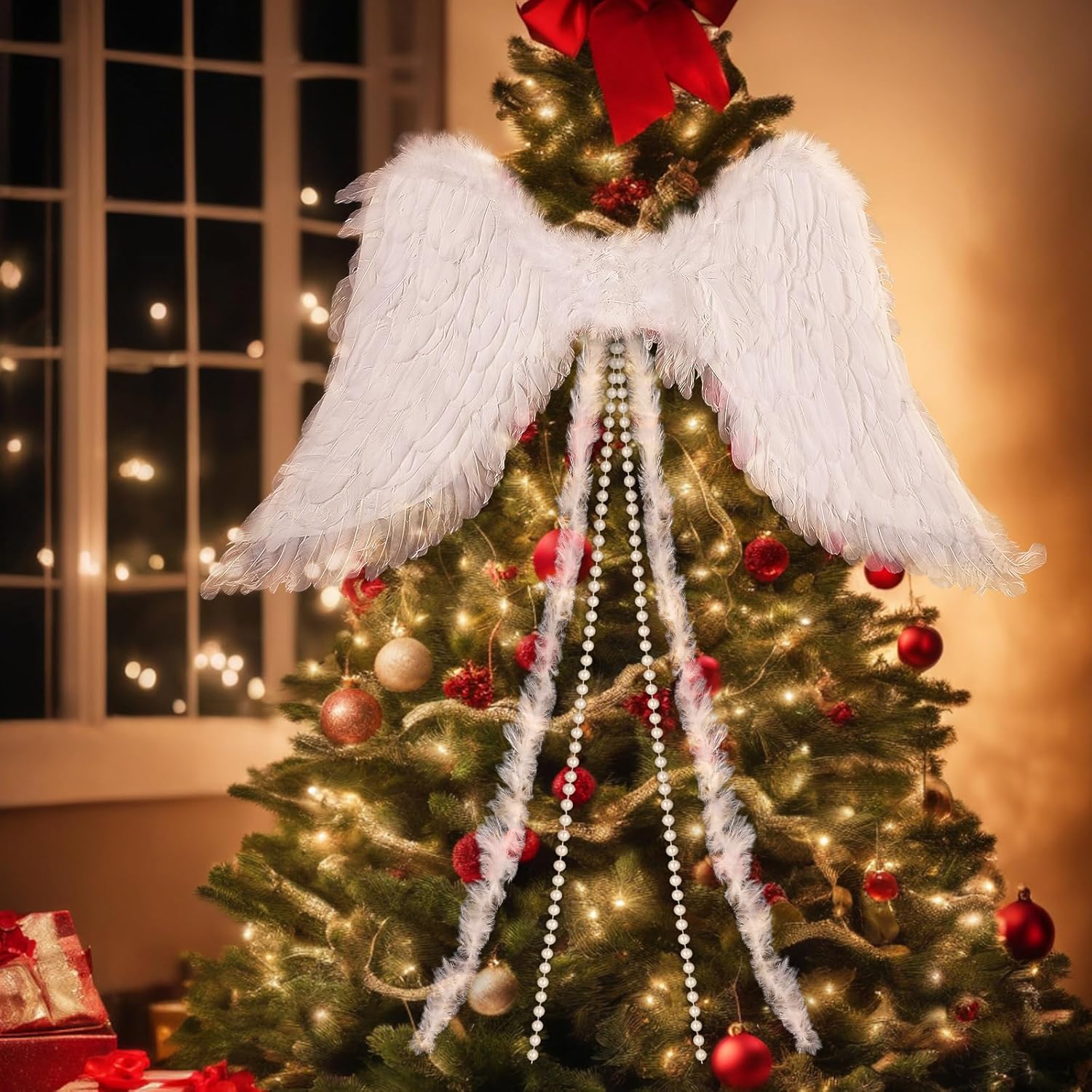 Seenelling 25 x 43 Inches Christmas Angel Shaped Large Wing Ornament Christmas Tree Angel Feather Wings with Feather Ribbon and Long Pearl Chains Hanging Decor Xmas Tree Topper for Xmas Holiday