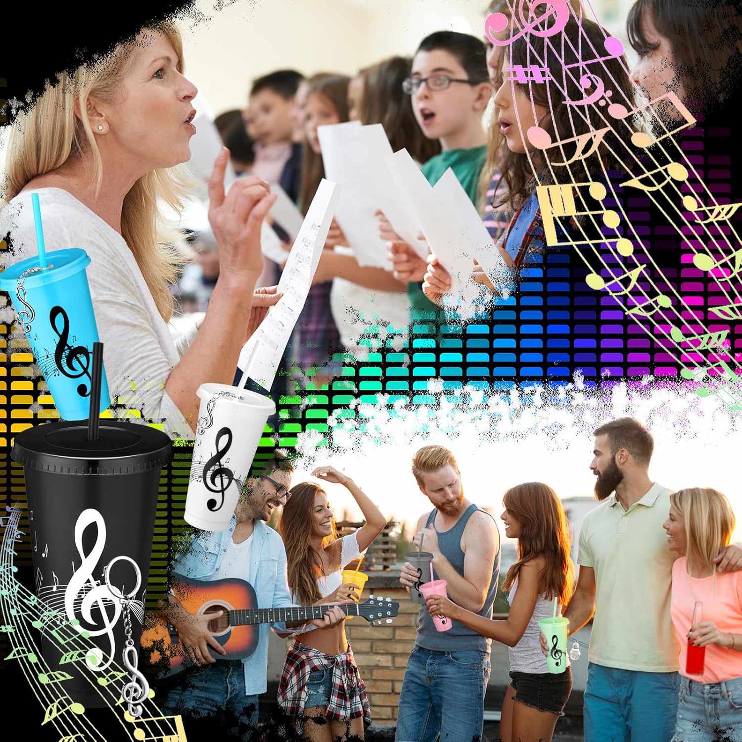 Skylety 24 Sets Music Themed Gifts Musical Tumbler Cups Bulk 24 oz Reusable Musical Note Plastic Tumbler with Straw and Lid Keychain Gifts for Music Lover Party Favor (Multicolor) - Image 5