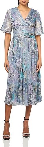S.L. Fashions Women's Short Sleeve V-Neck Midi Cocktail Dress w/Ruched Waist, We