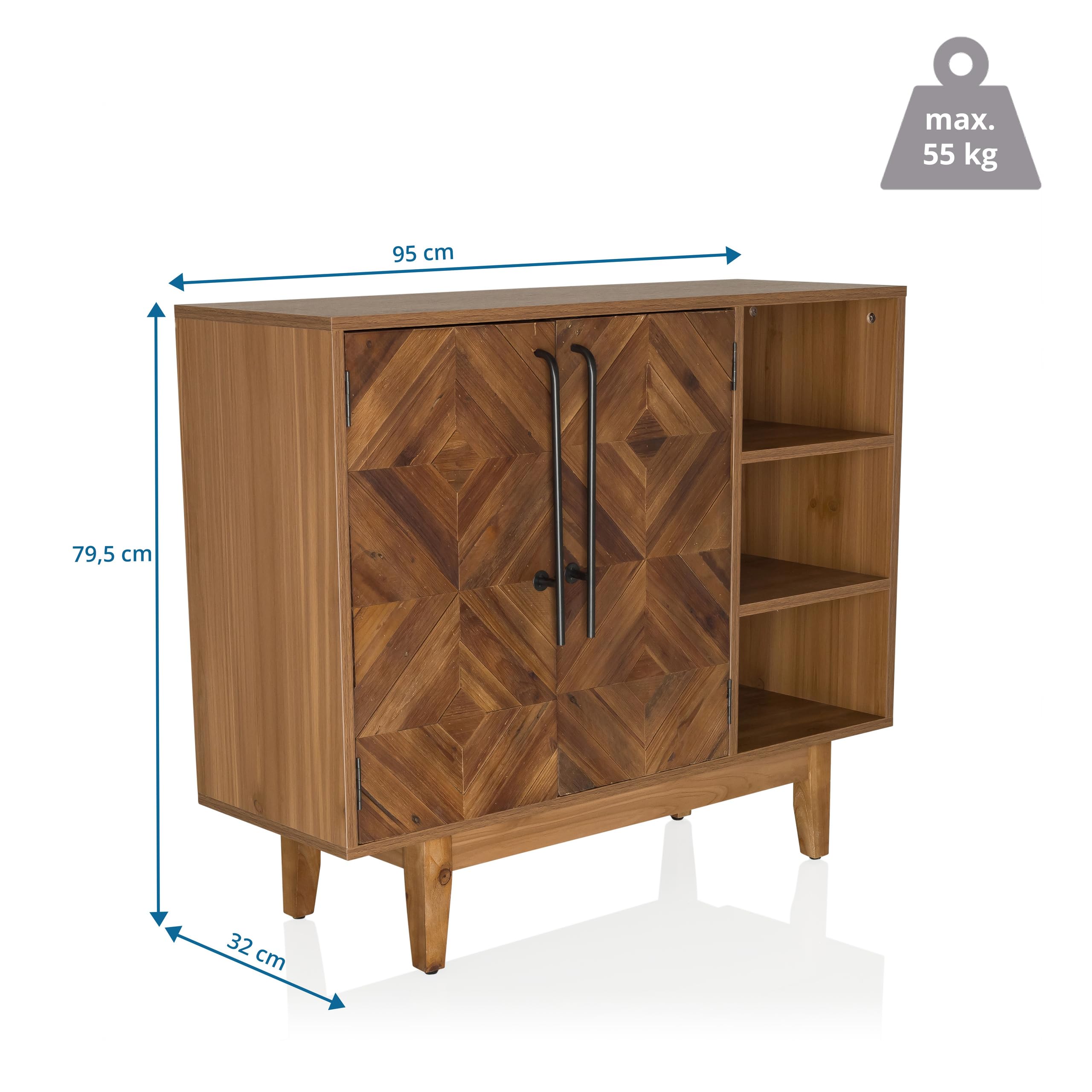 Cómoda de Madera con Aspecto de Espiga SANTJAGO Wood L Cómoda con 2 Puertas y 3 Compartimentos Abiertos, Mueble de almacenaje 95 x 32 x 79,5 cm