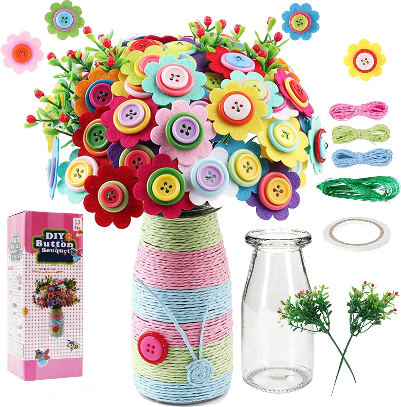 Flower Craft Kit for Kids Girl, Make Your Own Flower Bouquet with Buttons and Felt Flowers, Vase Art Toy & Craft Project for Children, DIY Activity Gift for Boys & Girls Age 4 5 6 7 8 9