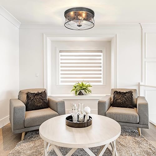 Miniatura 4 de ZEVNI Lámpara de techo de montaje empotrado de granja, 3 luces de plata envejecida cepillada con pantalla de vidrio sembrado para dormitorio,