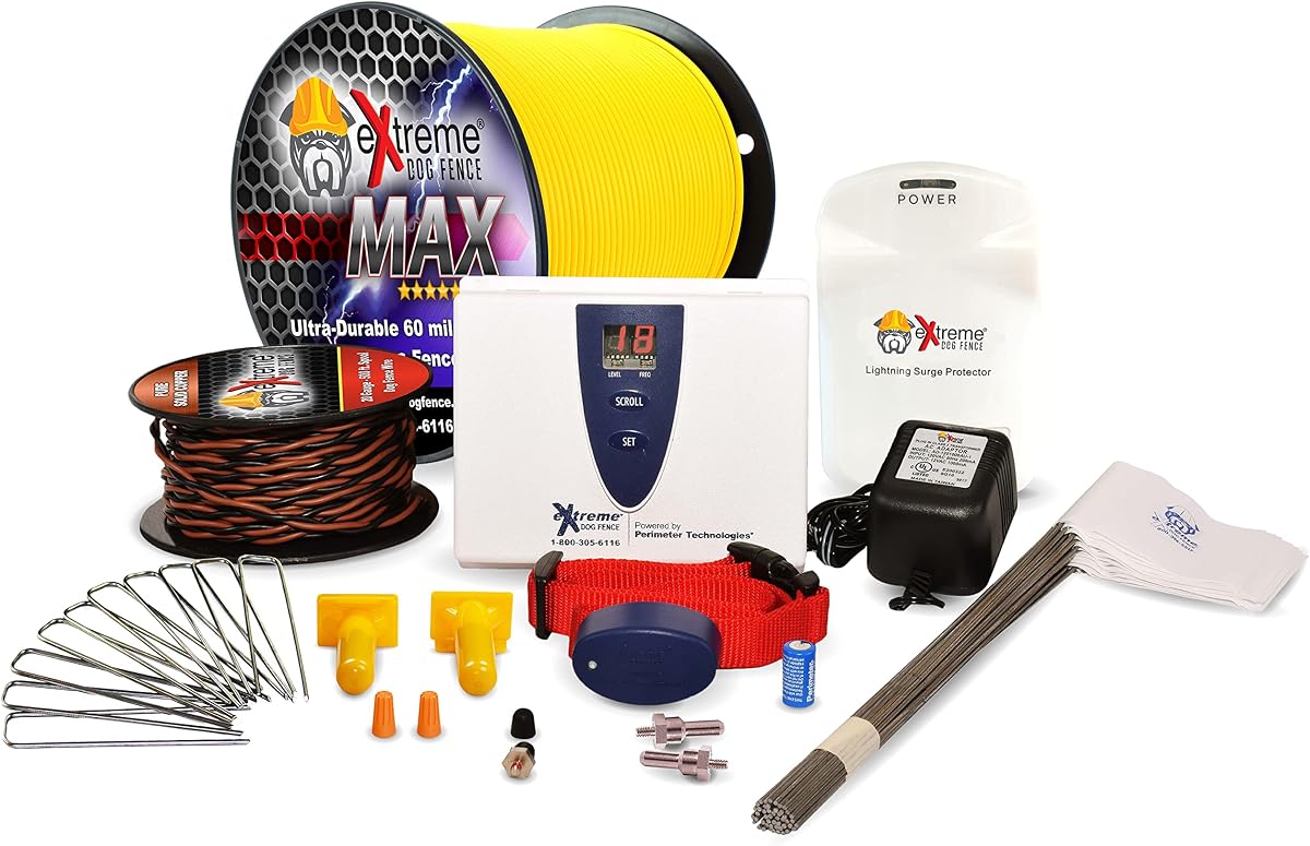 Underground Electric Dog Fence Kit, Pro-Max, 1-Dog, 1000 ft | Complete DIY system: digital transmitter, waterproof receiver(s), boundary + twisted wire, training flags, splices, Max Grade