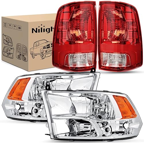 Nilight Headlight and Taillight Assembly Combo Compatible with 2009 2010 2011 2012 2013 2014 2015 2016 2017 2018 Dodge Ram for Quad Models Chrome Housing Amber Reflector with Red Housing Tail Light