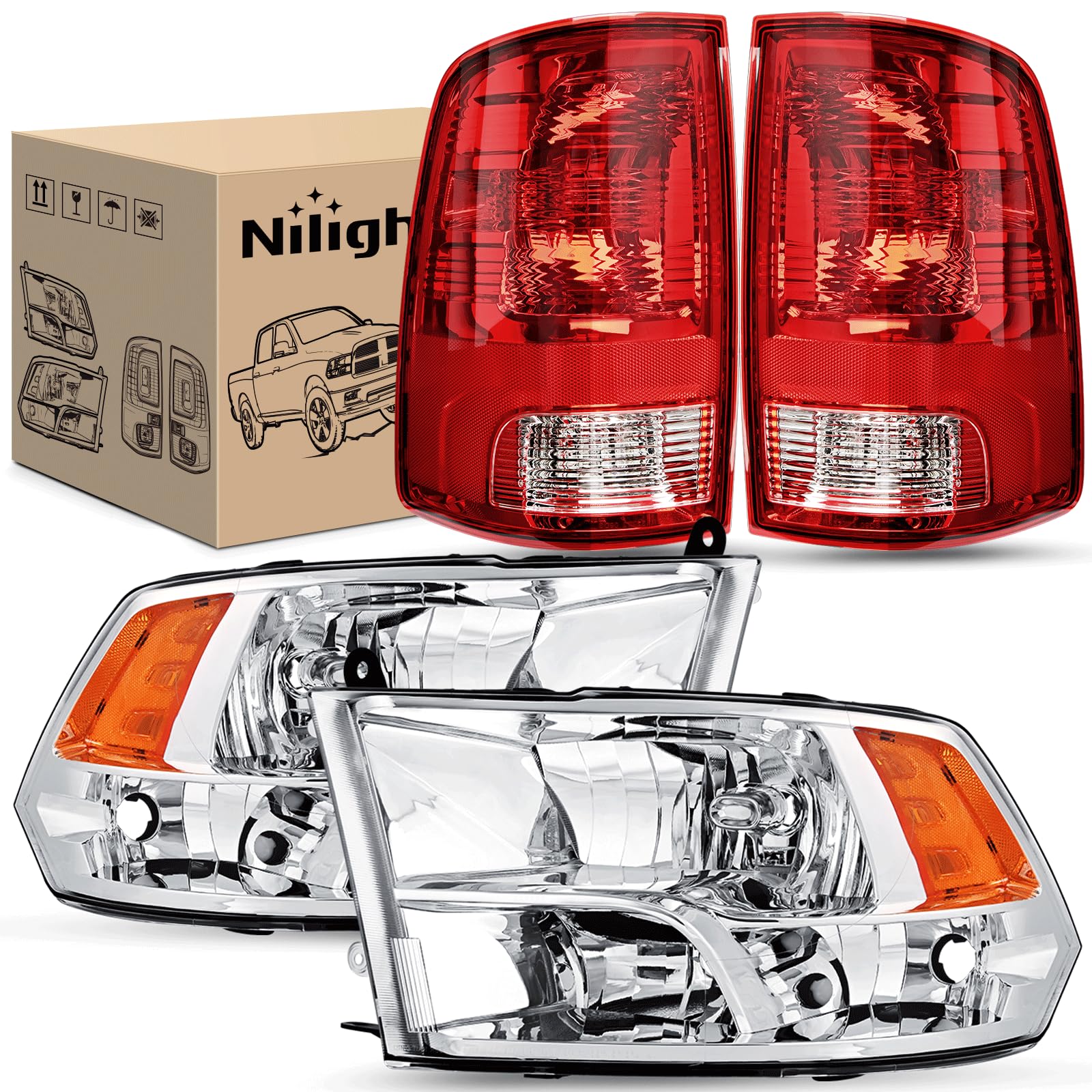 Nilight Headlight and Taillight Assembly Combo Compatible with 2009 2010 2011 2012 2013 2014 2015 2016 2017 2018 Dodge Ram for Quad Models Chrome Housing Amber Reflector with Red Housing Tail Light