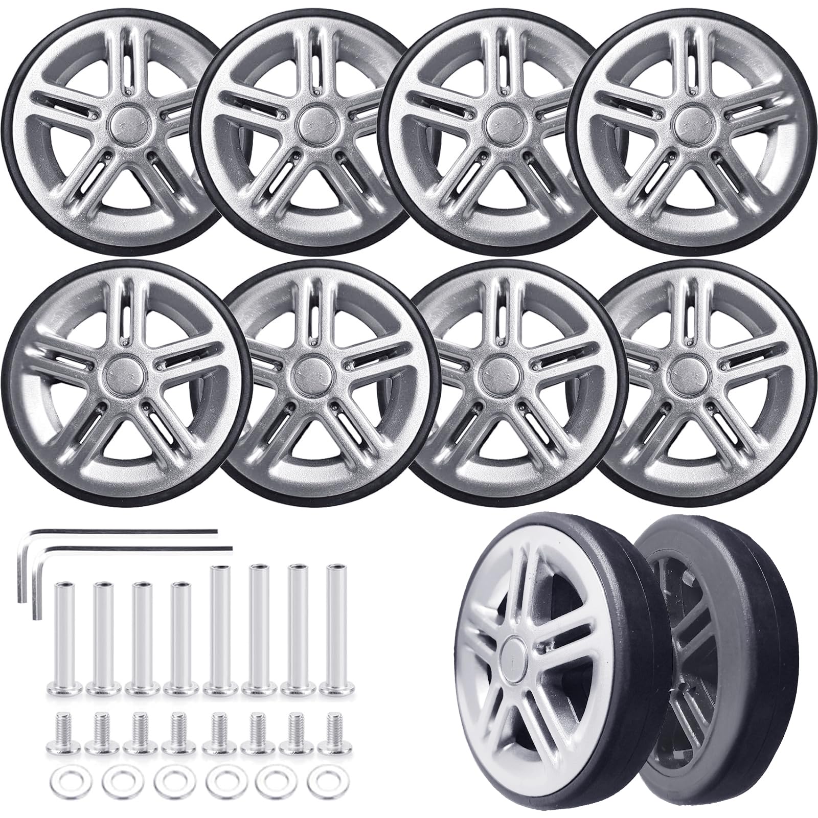 Luggage Suitcase Replacement Wheels Luggage Replacement Wheels Wear-Resistant Mute Suitcase Rubber Swivel Caster Repair Kits (Sliver-55mm-8pcs)