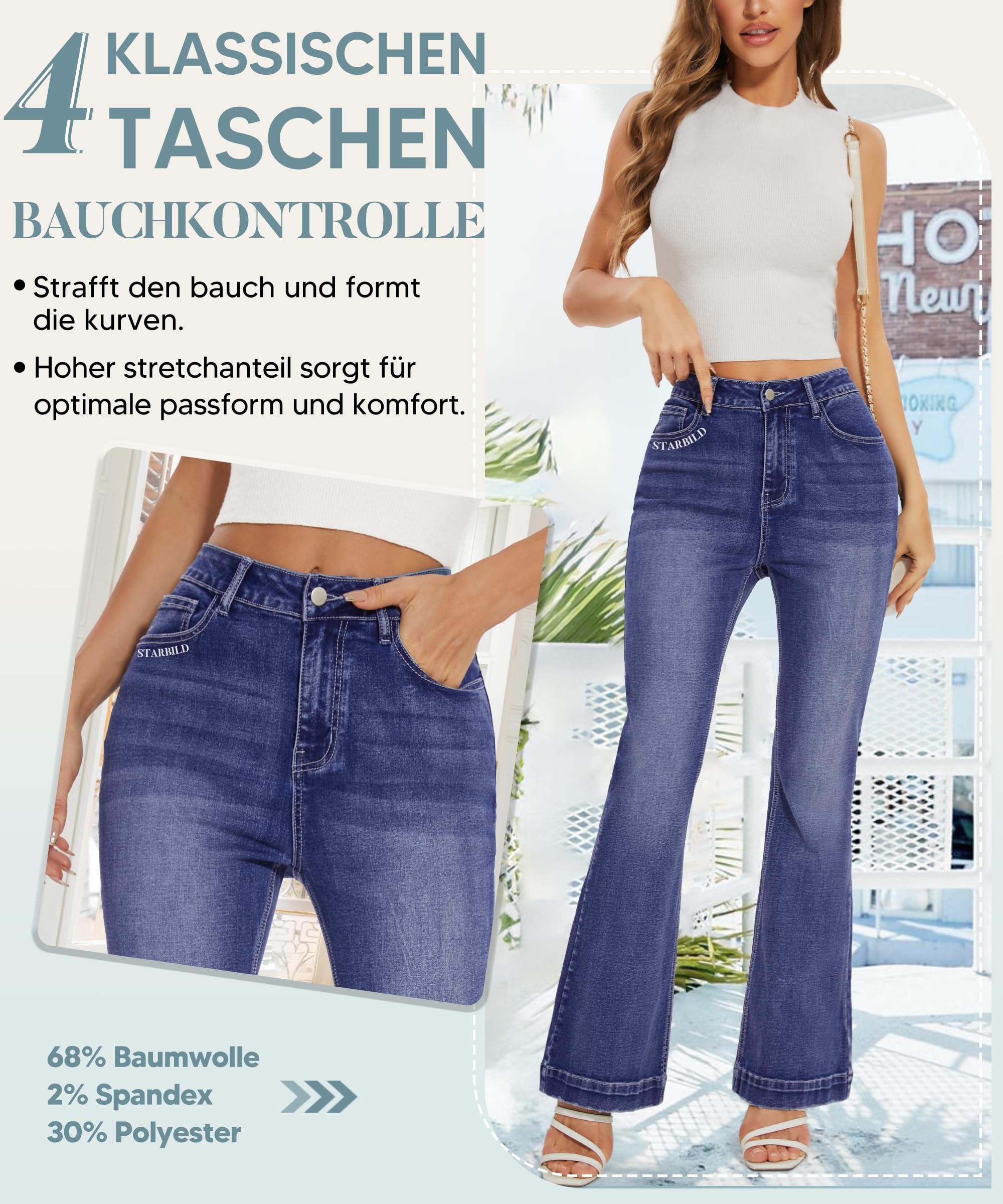 STARBILD Schlagjeans Damen High Waist – Flared Leg Bootcut Jeans mit Push-Up Effekt & Pattentaschen, Bequeme Stretch-Jeanshose für Freizeit & Ausgehen