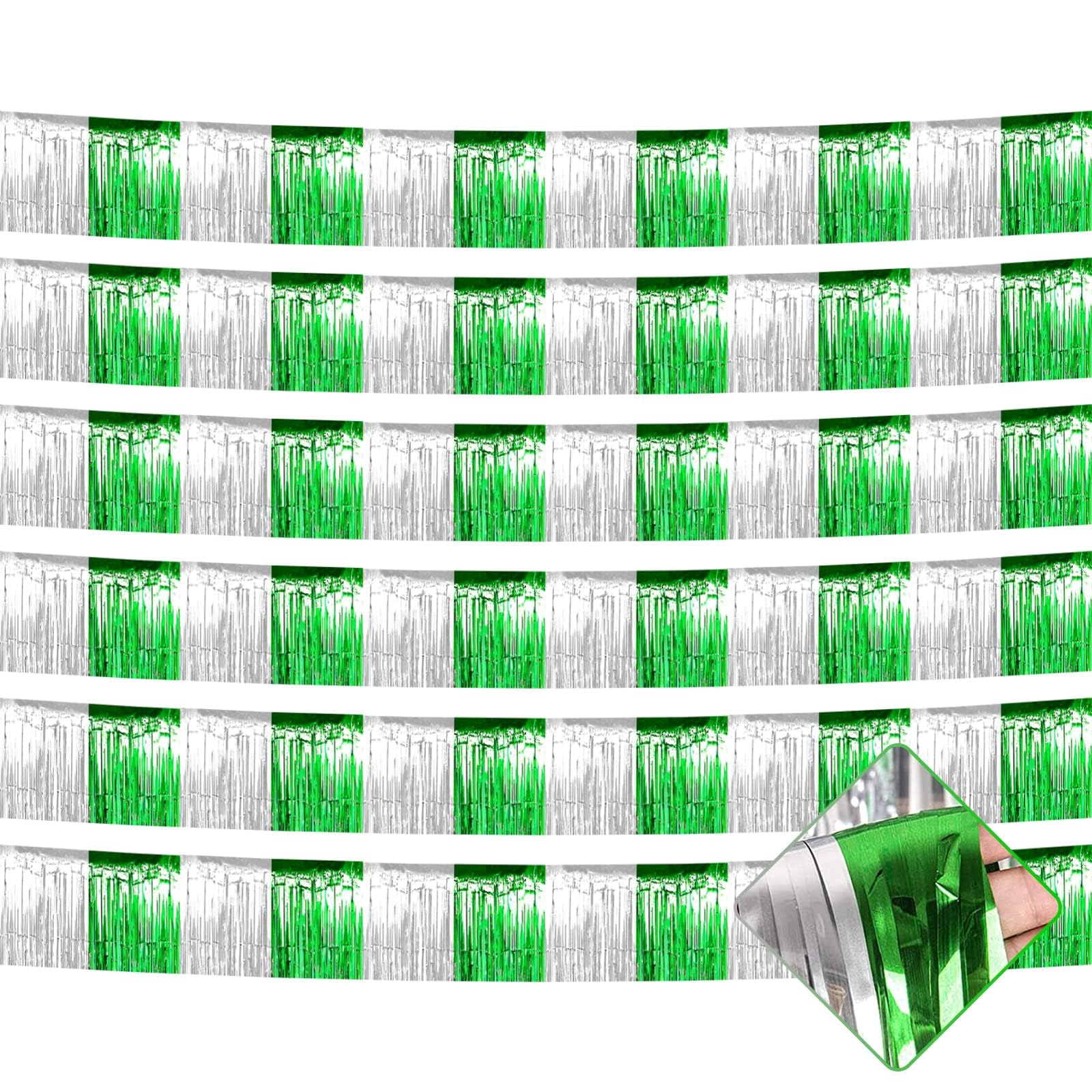 6 Pack 10 Feet Foil Fringe Garland Metallic Tinsel Streamers Banner Wall Hanging Backdrop for Parade Floats, Valentine's Day, Wedding, Birthday, St Patrick Day Party Decorations(Silver Green)