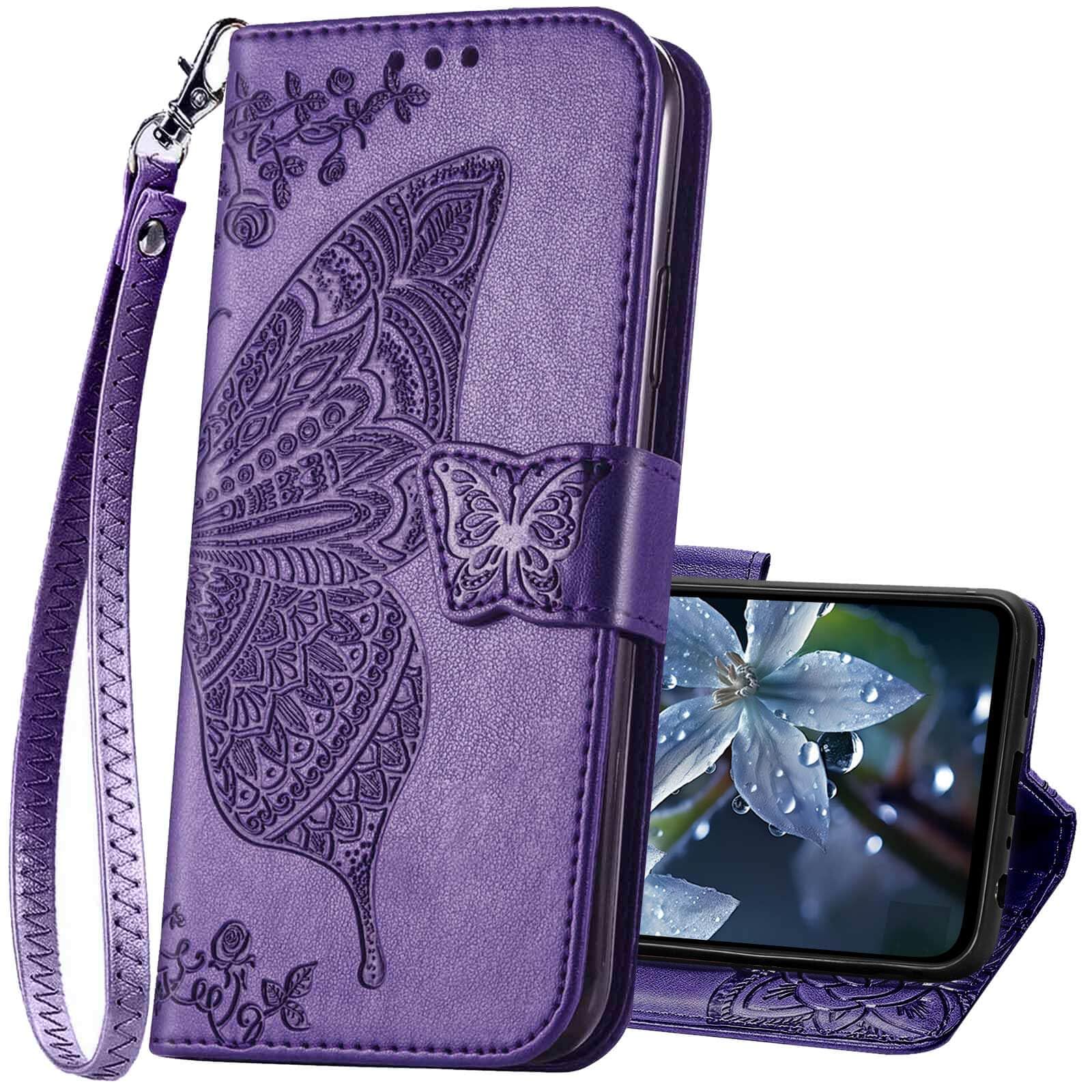 for Galaxy A16 5G Phone Case Wallet,Women Flip Cover with Credit Card Holders Butterfly Embossed PU Leather Stand Wrist Strap Purse Protective Case (Purple)