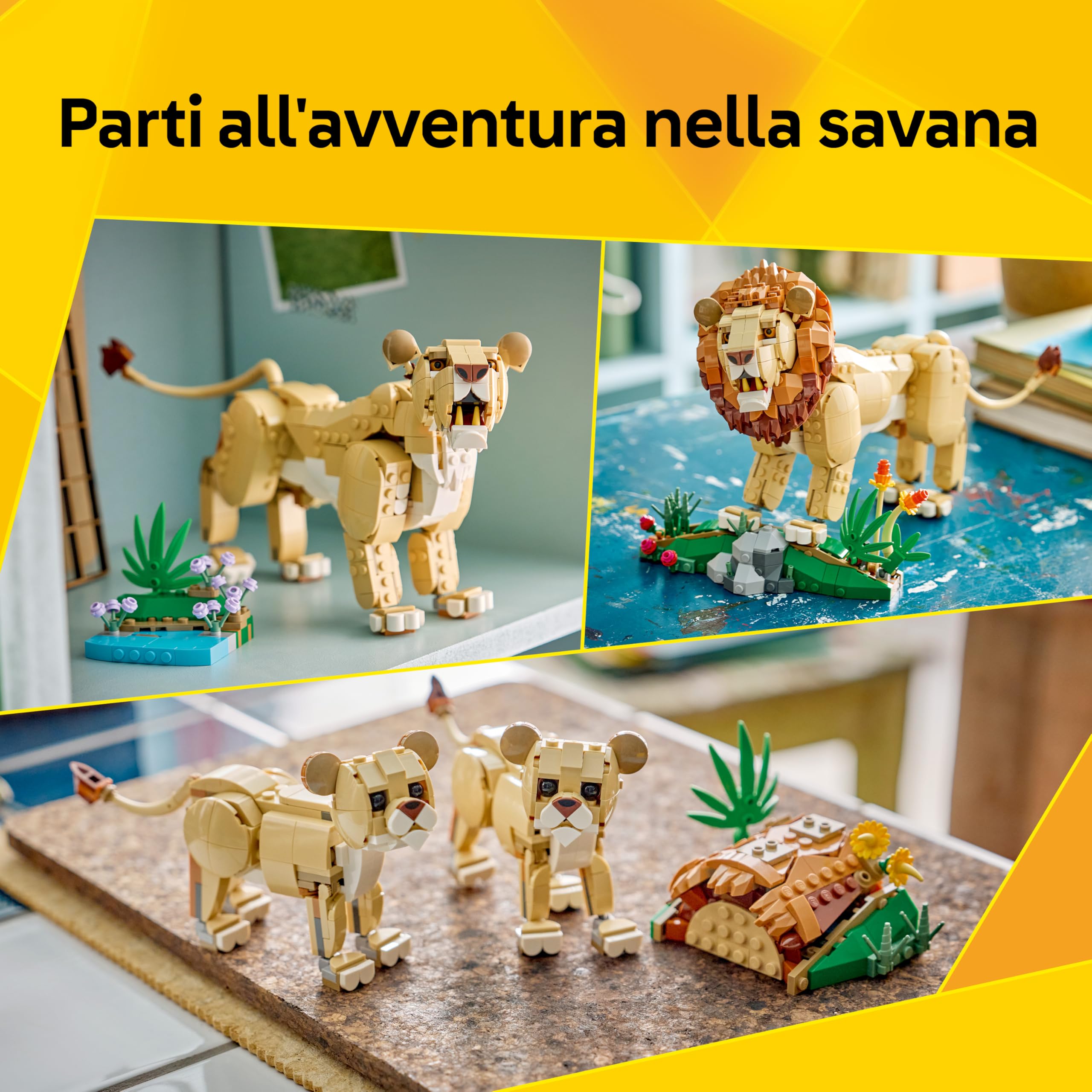 LEGO Creator 3in1 Animali Selvatici: Leone Maestoso Giocattolo - Trasformabile in una Leonessa o in 2 Cuccioli - Decorazione Camera da Letto Fai da Te - Regalo per Bambine e Bambini da 9 Anni - 31386