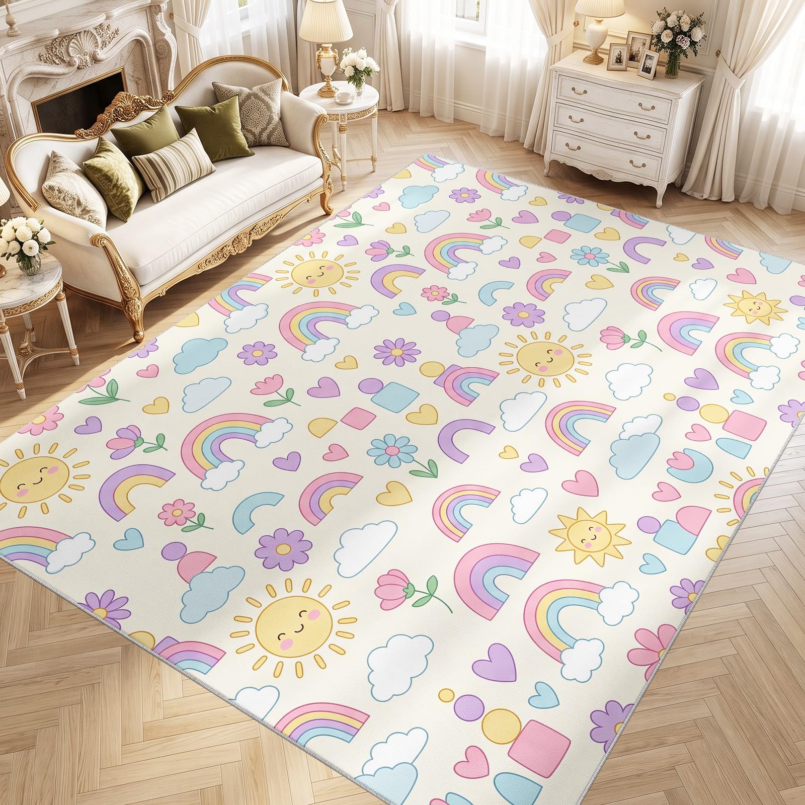 Playful Kids Area Tappeto 80 x 120 cm, beige, per soggiorno, camera da letto, decorazione per la casa, grazioso arcobaleno sole nuvola, tappeto ultra morbido antiscivolo per interni