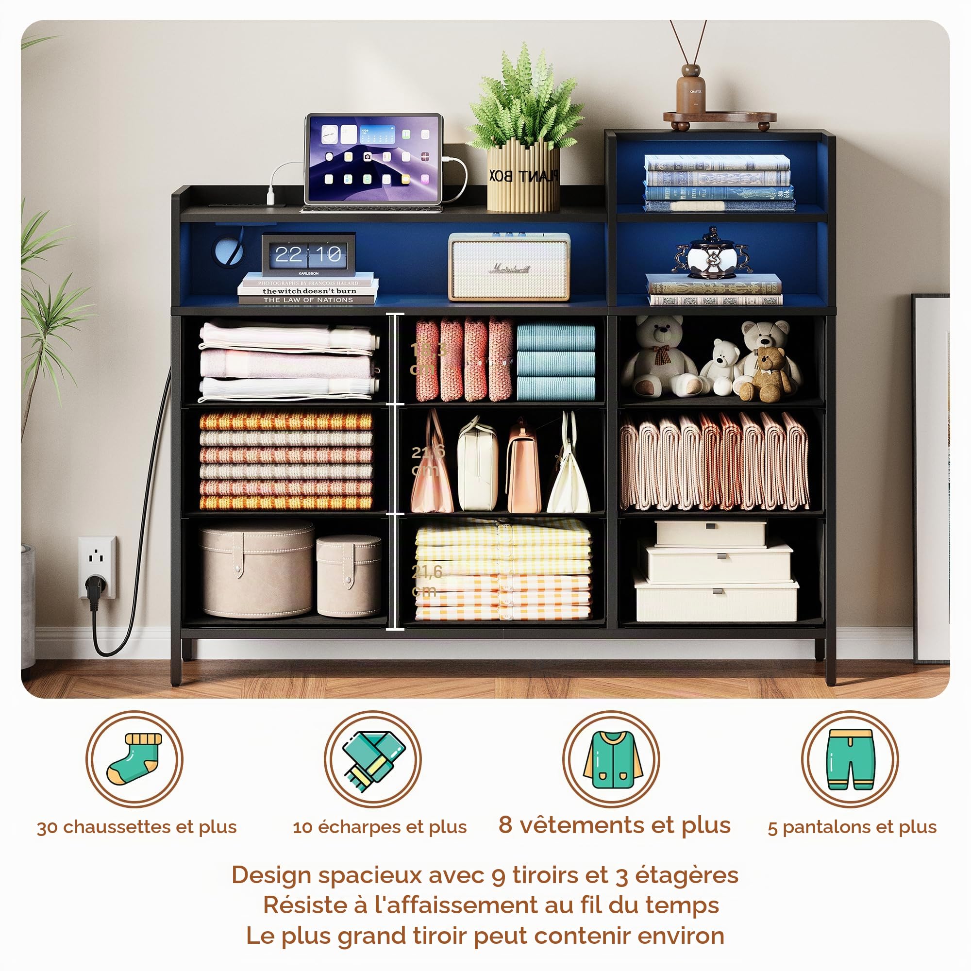 IRONCK Commode de Rangement Moderne avec lumière LED et Station de Charge, 9 tiroirs en Tissu et 3 étagères Ouvertes en Bois, pour Chambre à Coucher, Salon, Couloir, Placard (Noir)