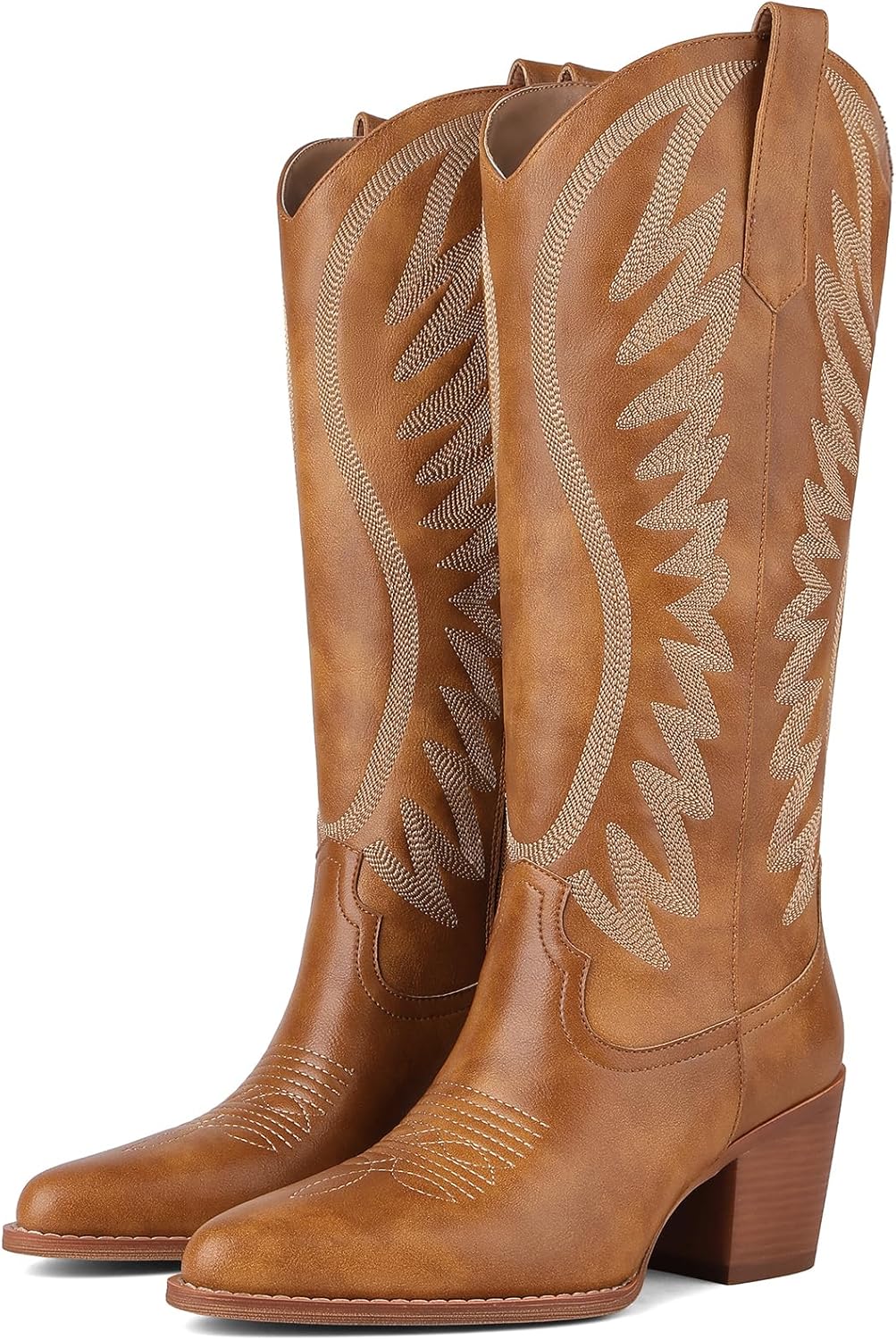 VOMIRA Cowboy Boots for Women Pointed Toe Chunky High Heel Embroidered Black Cowgirl Boots Knee High Boots Bridal Wedding Western Boots