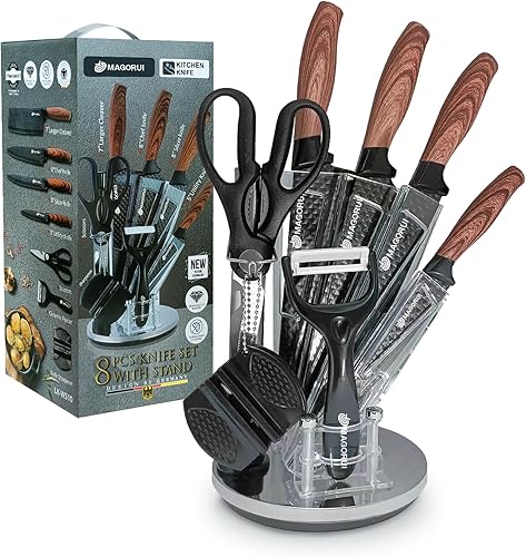 Juego de cuchillos de cocina de acero inoxidable 7P con bloque de cuchillos giratorio de 360 grados, incluye cuchillo más grande, cuchillo de chef,