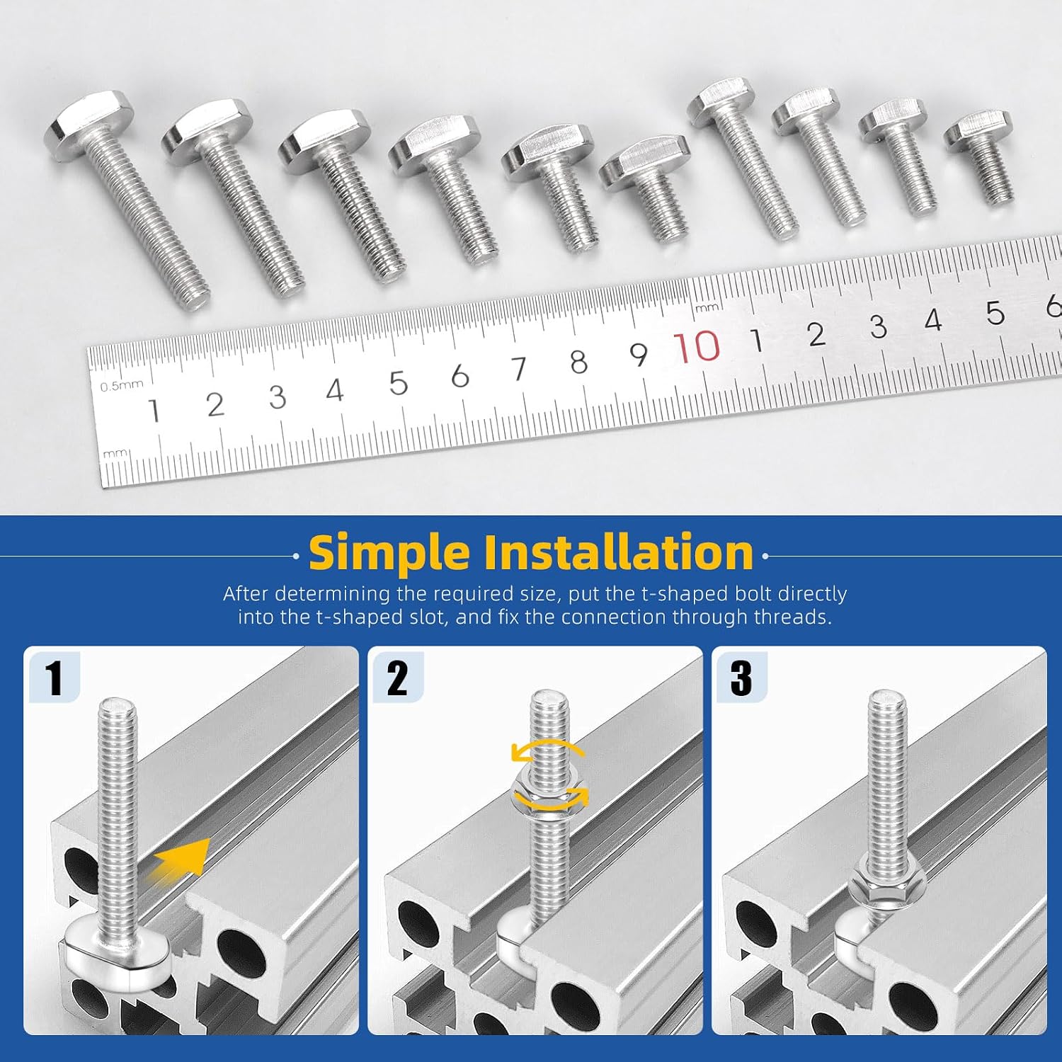 Glarks 50pcs M5 M6 T-Shaped Bolt Screw Set, 12/16/20/25/30/35MM Length 304 Stainless Steel T Shape Screws Hammer Head Bolt, Drop-in Stud Sliding T-Bolt, T-Slot Bolts for T Track