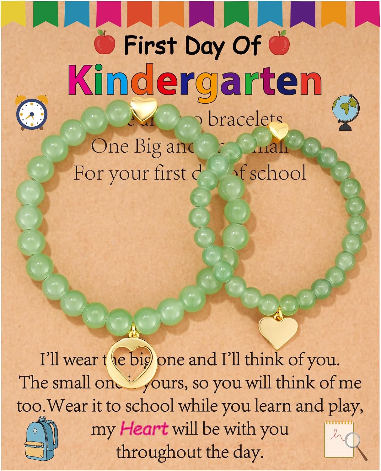 Gnamy Back to School First Day of Kindergarten Bracelets Gifts, Mommy and Me Matching Heart Charm Natural Stone Beaded Bracelet Jewelry Gift for Mom Daughter