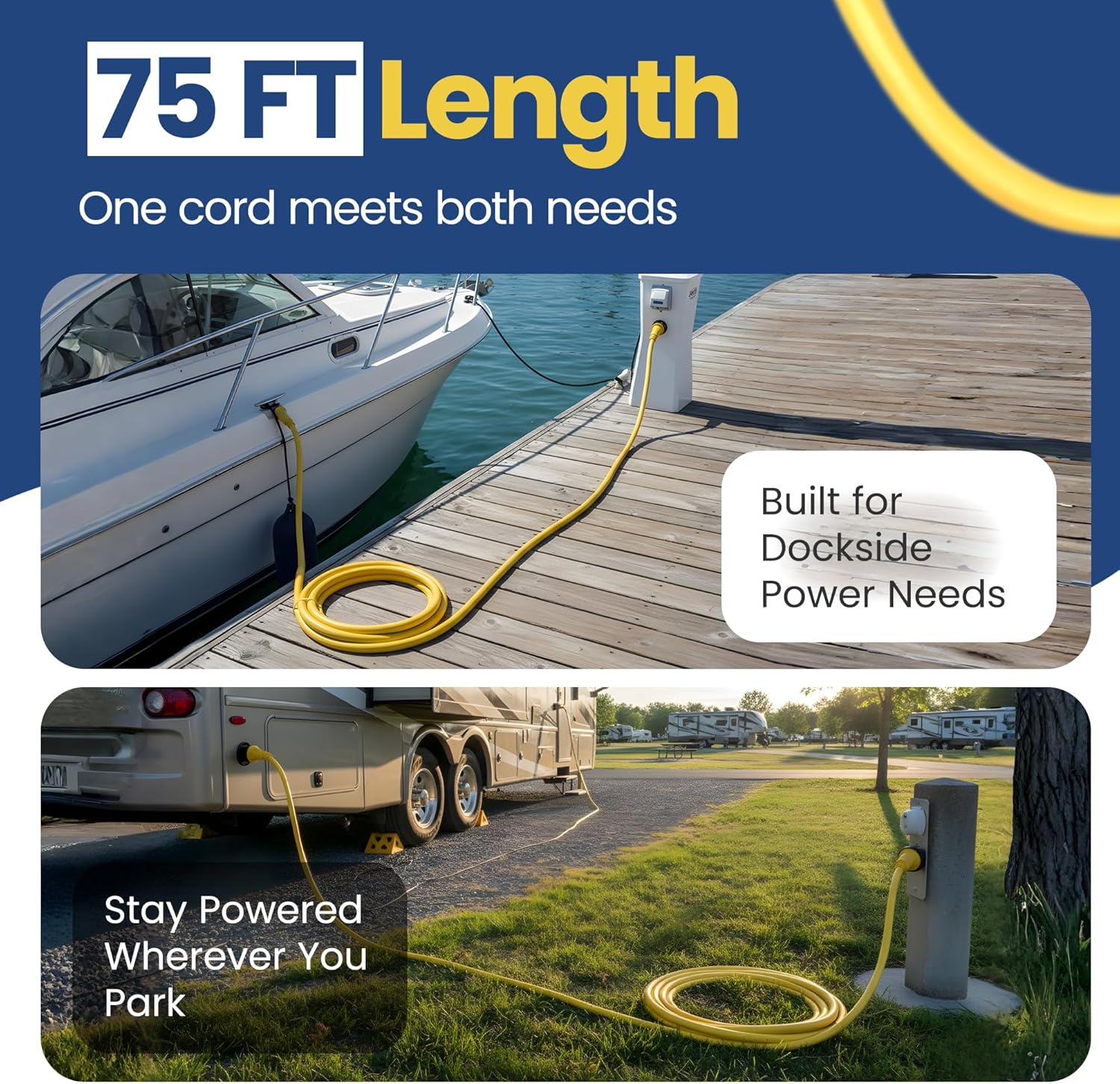 Amp Up Marine & RV Cords 125/250v 50 Amp X 75ft Shore Power Boat Heavy Duty NEMA Extension Cord with 2X L Shaped Terminals with Watertight Molded Ends, Twist Lock & ETL Listed from a US Based Company
