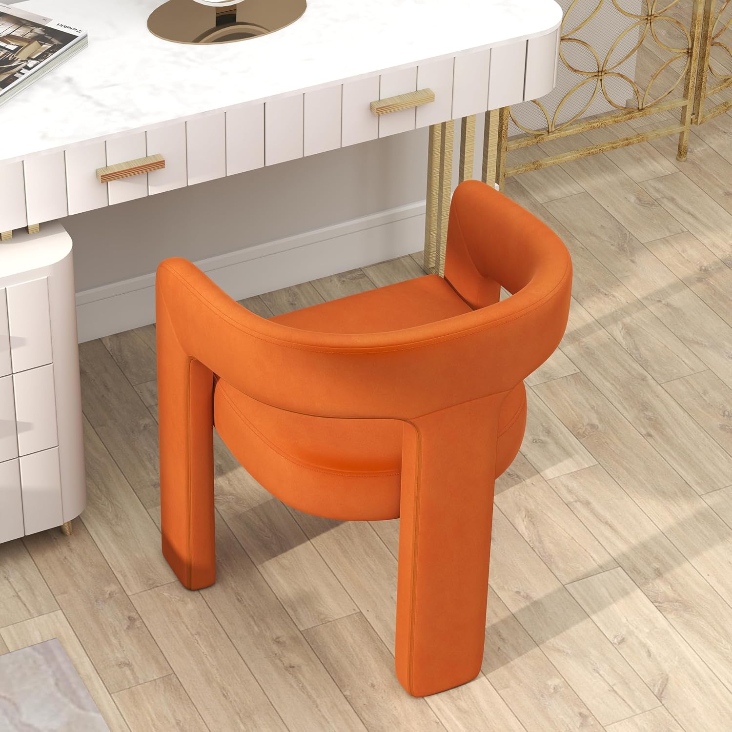 HNY Modern Barrel Kitchen & Dining Room Chair, Velvet Upholstered Accent Chair with Arm, 18.5'' Wide Side Armchair Vanity Chair for Living Room Bedroom Makeup Small Spaces, Orange
