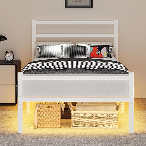 Miniatura 8 de Base de cama individual con estación de carga y luces LED, marco de cama de plataforma de metal blanco con listones de acero resistente, cabecero y