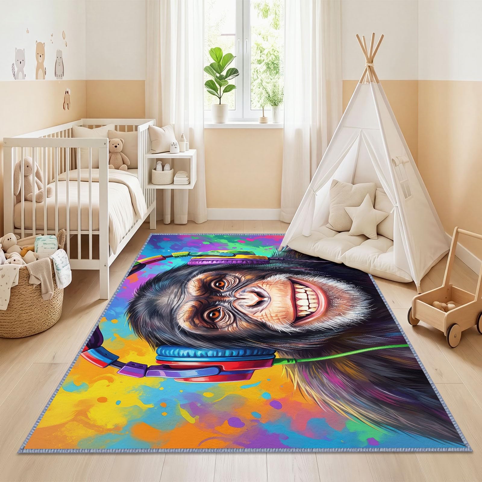 Generisch Teppich Pop Abstrakt Im Trend Wohnzimmer Kurzflor Moderne Deko, Buntes Graffiti Kopfhörer Schimpanse Teppich Grösse: 240 x 300 cm Farbe:Bunt für Wohnzimmer Schlafzimmer Esszimmer Büro
