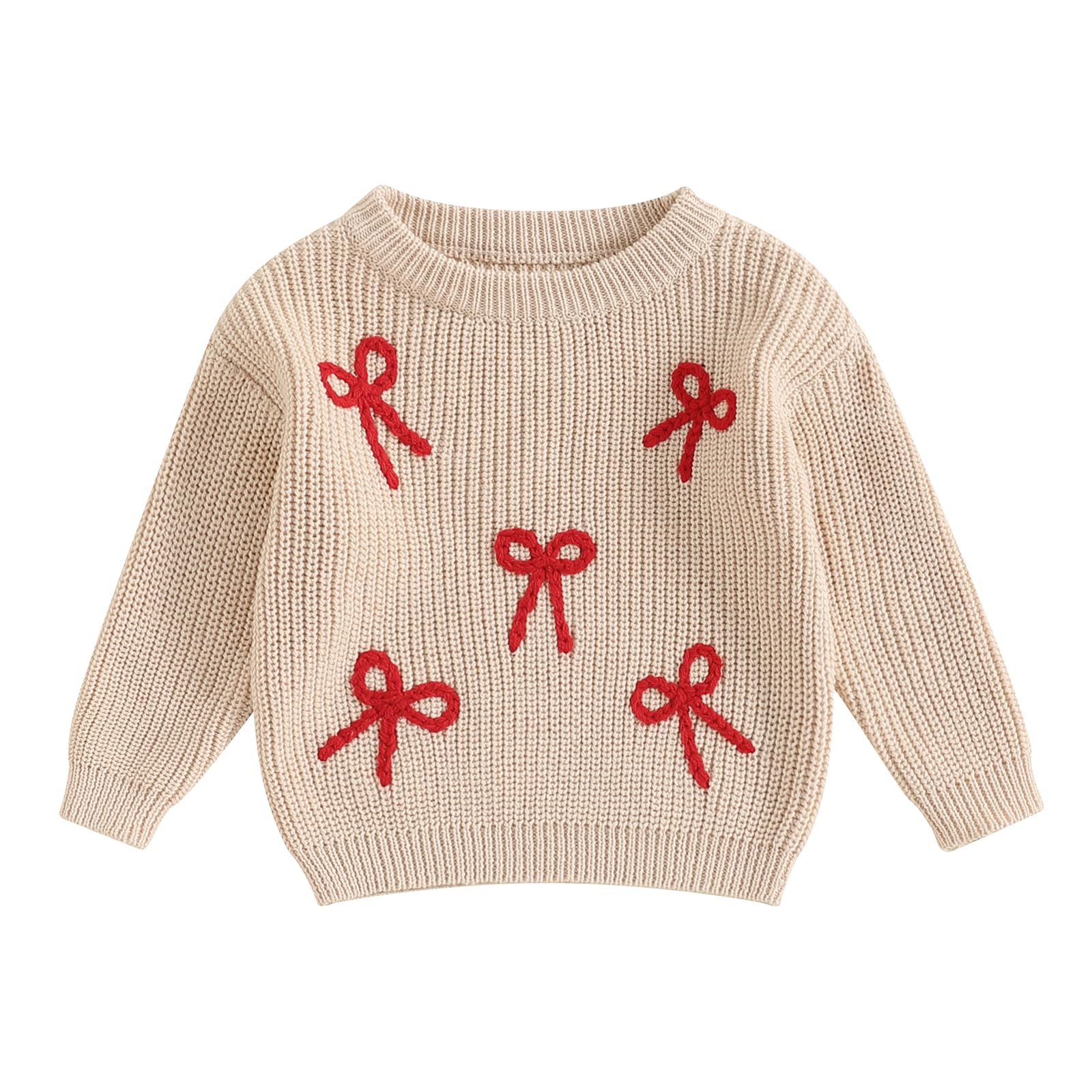 Filgriox Toddler Baby Girl Christmas Sweater Bow Embroidered Long Sleeve Knit Sweatshirts Warm Winter Clothes (Khaki, 2-3 Years)