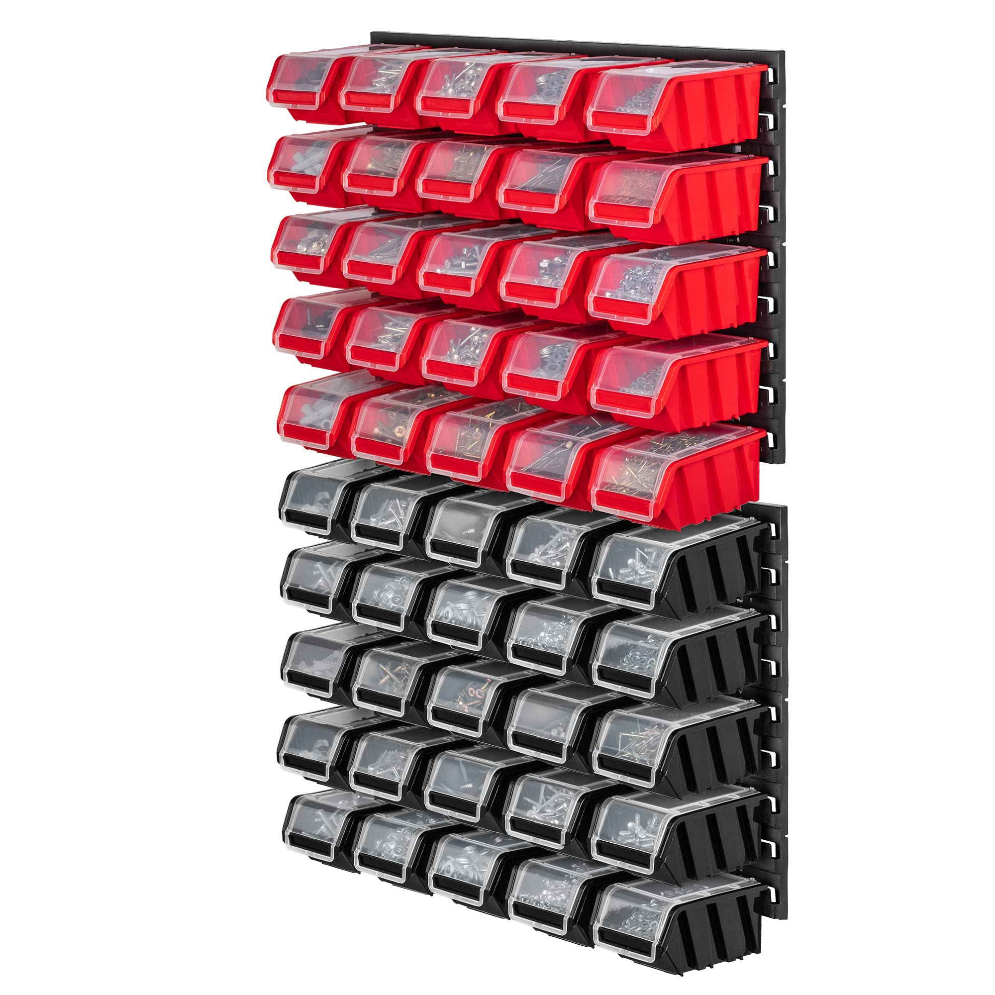 KADAX Estantería de pared para taller, 58 x 78 cm, sistema de almacenamiento de plástico resistente, resistente a los rayos UV, paneles de pared ampliables, estantería (negro y rojo, 50 piezas)
