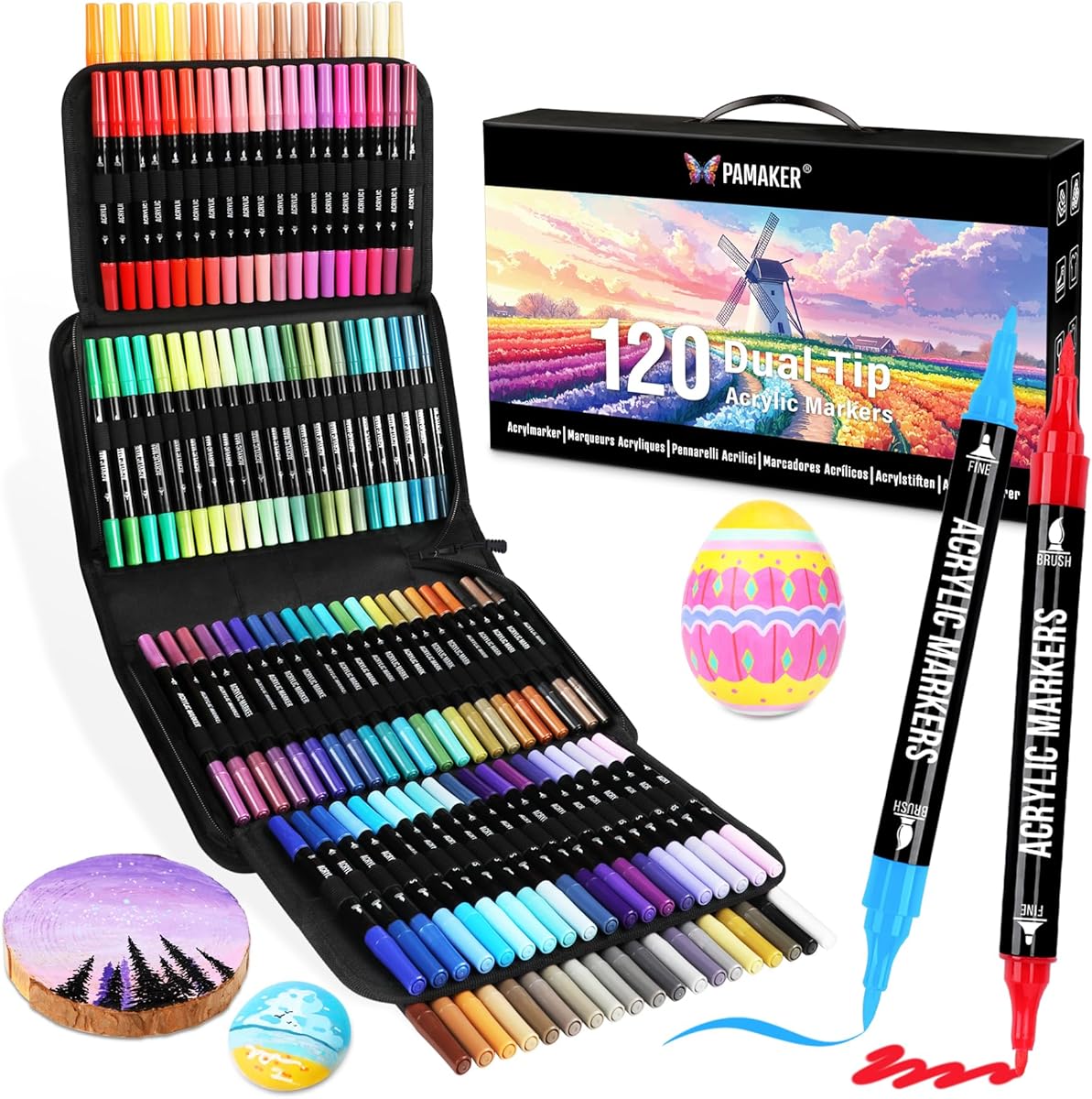 Pamaker 120 Farben Acrylstifte Set – Doppelseitige Spitzen, Multimarker für Steine, Holz, Stoff, Leinwand, Glas, Keramik in Stofftasche – Vielseitige Acrylfarben für Künstler & DIY Projekte