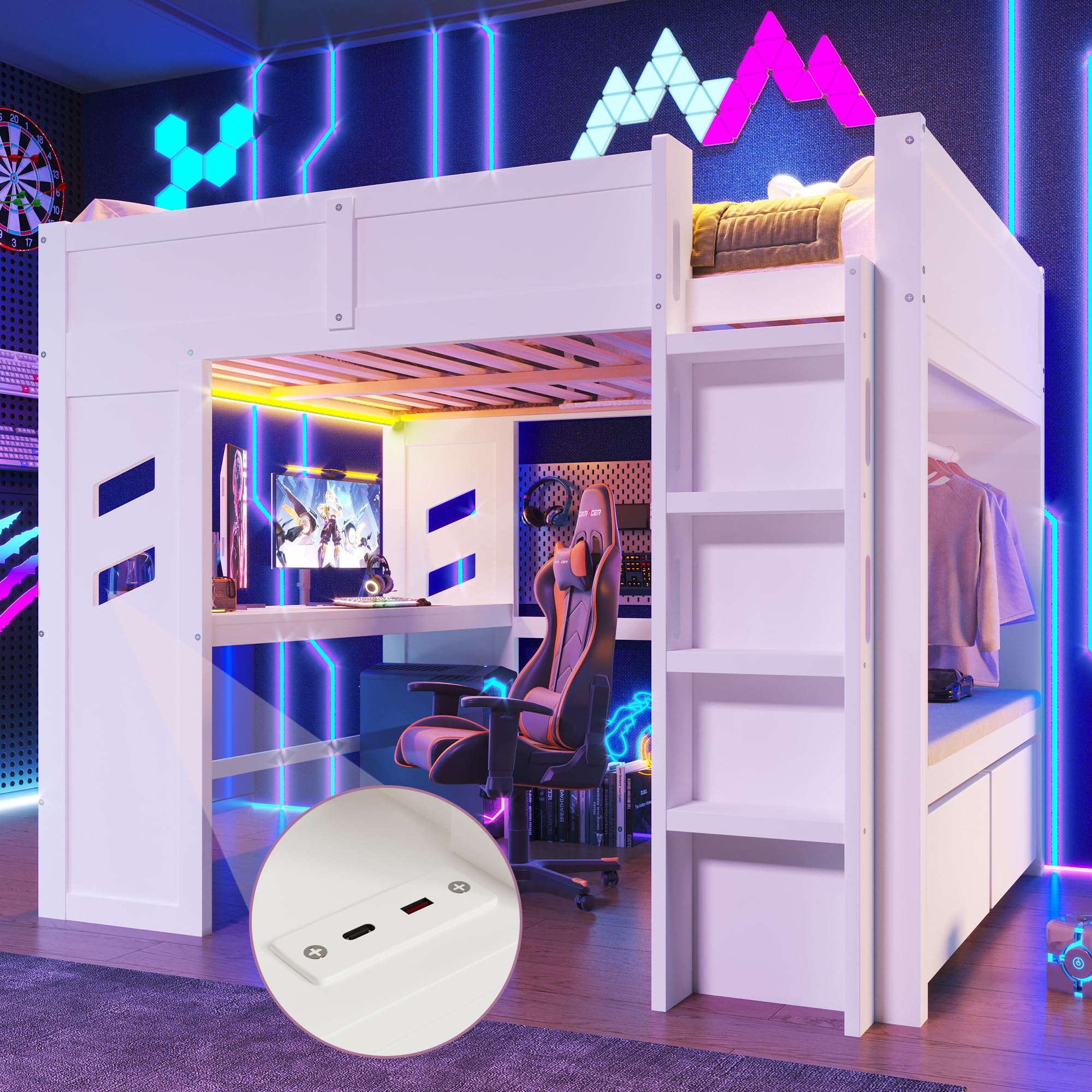 Anself Hochbett, 140x200cmGaming, Bett mit Schreibtisch, Mit LED-Leuchten, 1 USB-Anschlüssen, 1 Typ-C ausgestattet, Leiter, Schreibtisch,Schublade, Wäscheständer, Ohne Matratze, Weiß